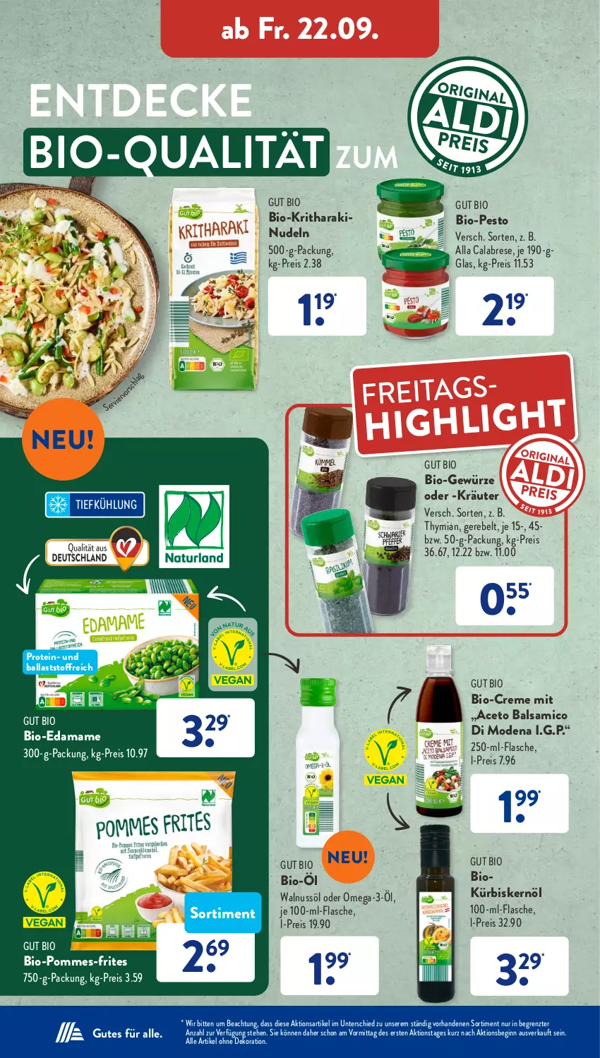 Aktueller Prospekt AldiSud - NÄCHSTE WOCHE - von 18.09 bis 23.09.2023 - strona 36 - produkty: aceto, aceto balsamico, alle artikel ohne dekoration, ball, balsam, balsamico, bio, creme, decke, dekoration, eis, flasche, gewürz, gin, kräuter, Kürbis, Kürbiskernöl, mam, Mode, nudel, nudeln, nuss, omega, Omega-3, pesto, pommes, pommes-frites, reis, Ti, walnuss, ZTE