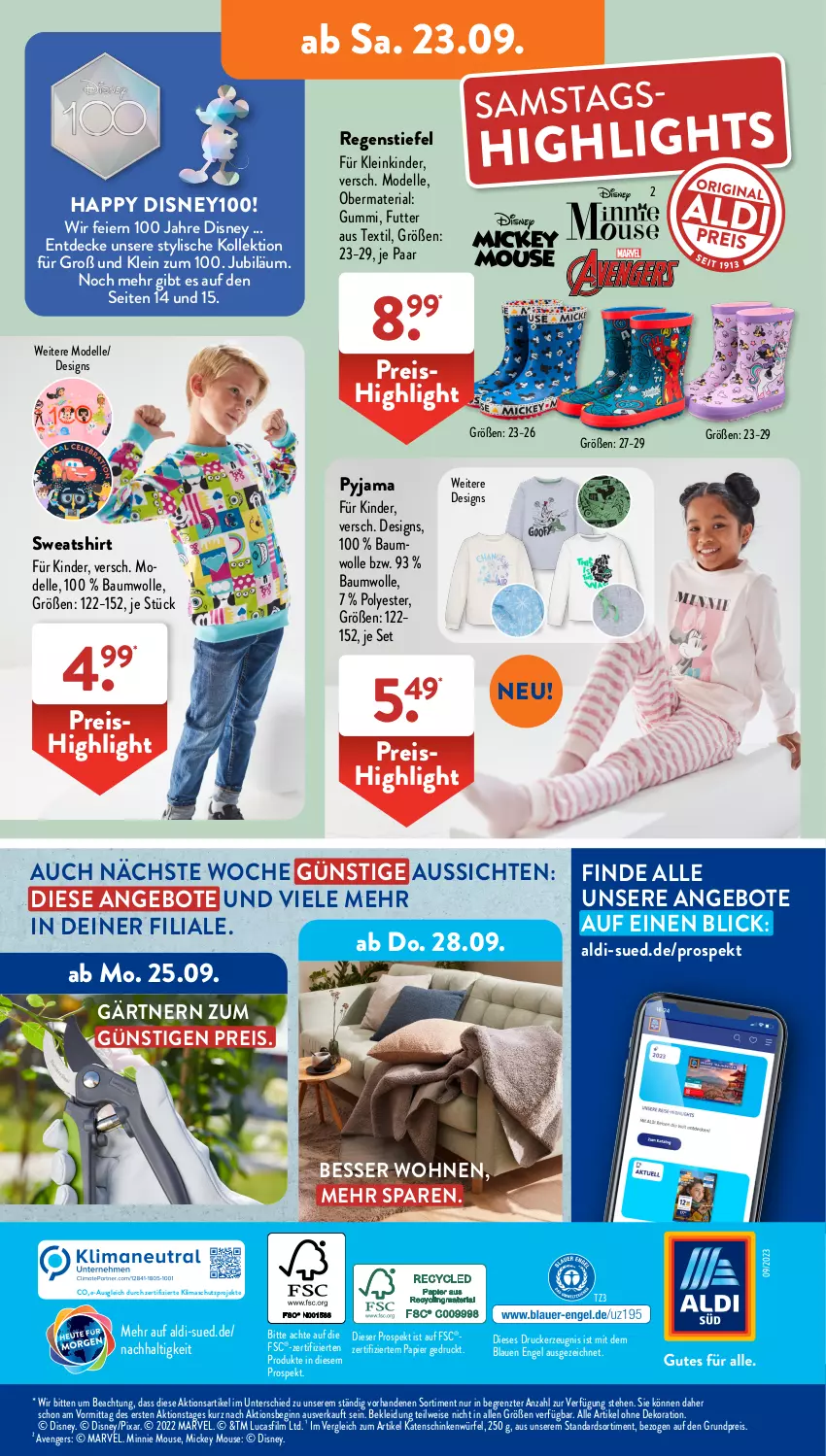 Aktueller Prospekt AldiSud - NÄCHSTE WOCHE - von 18.09 bis 23.09.2023 - strona 43 - produkty: aldi, alle artikel ohne dekoration, angebot, angebote, Bau, baumwolle, decke, dekoration, dell, disney, drucker, eier, eis, elle, Engel, gin, katenschinken, kerze, Kinder, kleid, Kleidung, Mode, papier, Pyjama, reis, Ria, schinken, shirt, Sweatshirt, Ti, wolle, würfel, ZTE