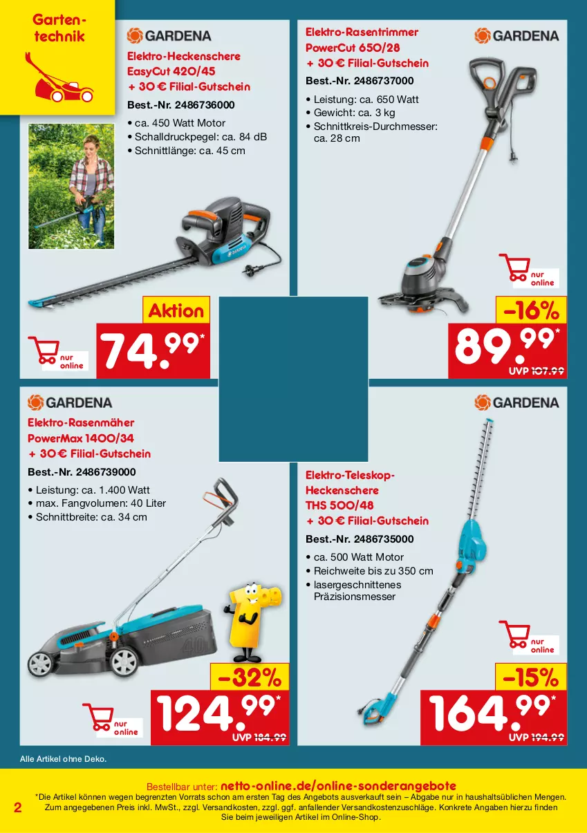 Aktueller Prospekt Netto Marken-Discount - Online-SonderangeboteHerbst - von 31.08 bis 31.10.2023 - strona 2 - produkty: angebot, angebote, Brei, eis, Elektro, elektro-rasenmäher, ente, Garten, gutschein, heckenschere, messer, ndk, rasen, rasenmäher, rasentrimmer, reis, Schal, Schere, schnitten, Teleskop, Ti, ZTE