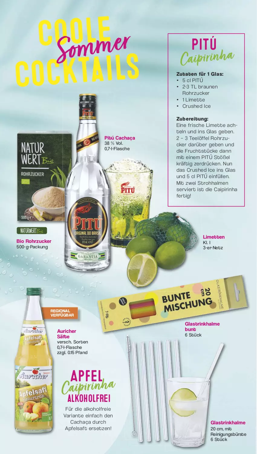 Aktueller Prospekt Famila - Prospekte - von 15.07 bis 20.07.2024 - strona 4 - produkty: alkohol, apfel, apfelsaft, bio, braun, bürste, cachaça, caipirinha, crushed ice, flasche, frucht, limette, limetten, Löffel, Mett, metten, Reinigung, reinigungsbürste, Ria, rohrzucker, saft, säfte, tee, Ti, Trinkhalme, zucker