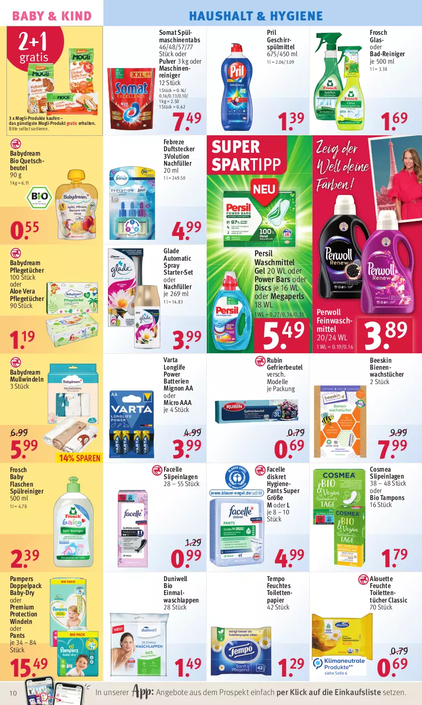 Aktueller Prospekt Rossmann - Prospekte - von 08.08 bis 12.08.2022 - strona 10 - produkty: aloe vera, alouette, Alwa, angebot, angebote, auer, auto, baby-dry, babydream, Bad, Bad-Reiniger, batterie, batterien, beutel, bio, cosmea, dell, duni, Duniwell, Einmalwaschlappen, elle, Engel, Facelle, febreze, feinwaschmittel, feuchtes toilettenpapier, flasche, Frosch, gefrierbeutel, geschirr, geschirrspülmittel, Glade, longlife, maschinenreiniger, megaperls, Mode, Mullwindel, pampers, Pants, papier, persil, persil waschmittel, perwoll, pril, quetschbeutel, reiniger, Rubin, slip, slipeinlagen, somat, spartipp, spülmaschinen, spülmaschinentabs, spülmittel, Tampon, tampons, teller, Tempo, Ti, Tiere, toilettenpapier, toilettentücher, tücher, varta, waschlappen, waschmittel, windeln, windeln oder pants