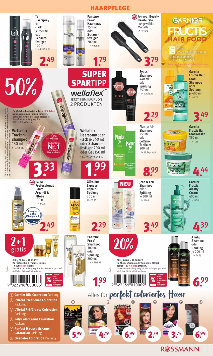 Aktueller Prospekt Rossmann - Prospekte - von 08.08 bis 12.08.2022 - strona 5 - produkty: asti, bürste, coffein, Color creme, coupon, creme, dell, elle, flasche, For Your Beauty, fructis, garnier, gliss, gliss kur, haarpflege, haarspray, isana, lack, Maske, Mode, mousse, oder schaumfestiger, pantene, pantene pro-v, pro-v, sana, schaumfestiger, shampoo, shampoo 250 ml, shampoo oder spülung, spartipp, spülung, spülung 200 ml, syoss, Taft, Ti, Tiere, Trockenshampoo, uhu, Wella, wellaflex, Yo