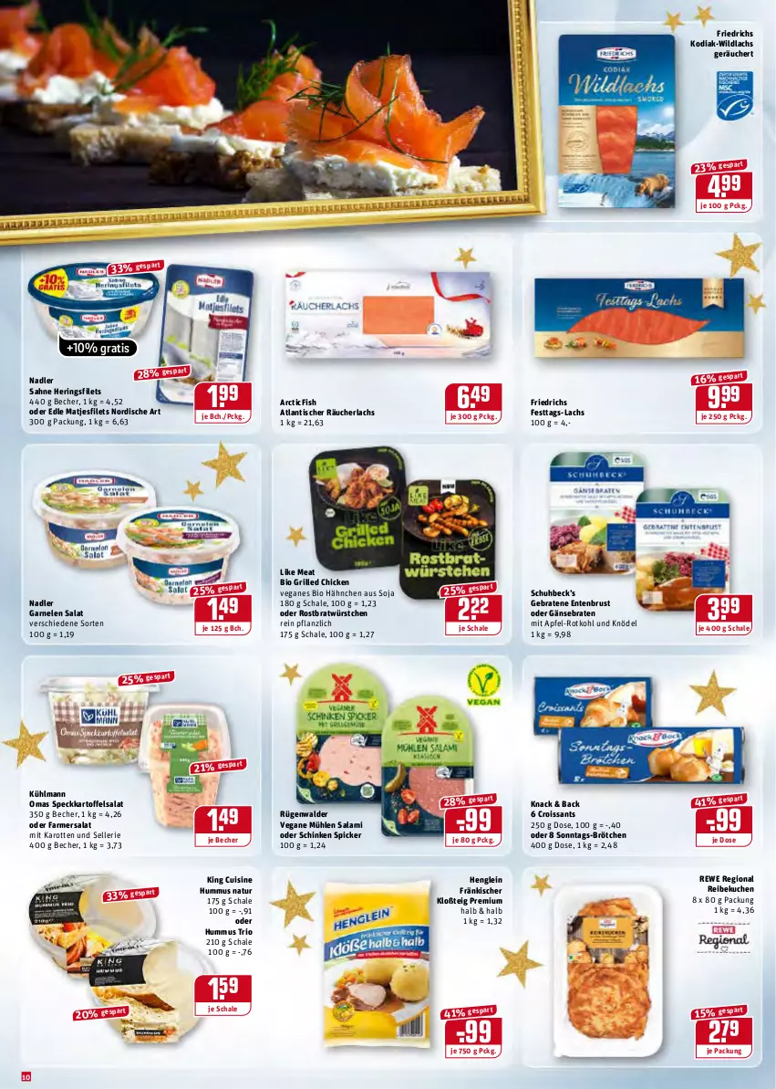 Aktueller Prospekt Rewe - REWE Ihr Kaufpark - von 20.12 bis 24.12.2021 - strona 10 - produkty: apfel, Becher, bio, braten, brötchen, Croissant, croissants, elle, ente, Entenbrust, filet, filets, garnelen, grill, henglein, hering, Herings, heringsfilets, hummus, karotten, kartoffel, kartoffelsalat, Knödel, kuchen, kühlmann, lachs, Like Meat, matjes, Matjesfilet, matjesfilets, nadler, natur, Räucherlachs, ring, rotkohl, rügenwalder, sahne, salami, salat, Schal, Schale, schinken, schinken spicker, soja, Speck, Ti, tisch, Wild, wildlachs, würstchen