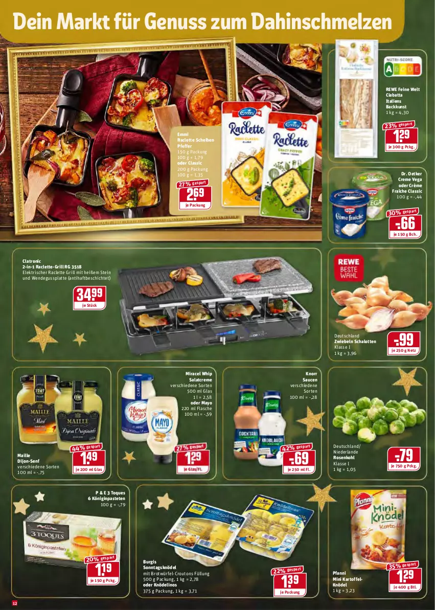 Aktueller Prospekt Rewe - REWE Ihr Kaufpark - von 20.12 bis 24.12.2021 - strona 12 - produkty: brot, ciabatta, creme, crème fraîche, croutons, dijon-senf, Dr. Oetker, emmi, flasche, gin, grill, kartoffel, Kartoffelknödel, Knödel, knorr, latte, maille, miracel, miracel whip, nuss, pastete, pfanni, pfeffer, rewe feine welt, rosen, Rosenkohl, salat, salatcreme, sauce, saucen, Schal, Schalotte, senf, Ti, würfel, Yo, zwiebel, zwiebeln