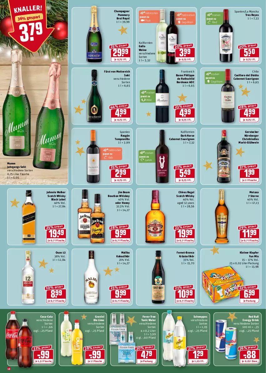 Aktueller Prospekt Rewe - REWE Ihr Kaufpark - von 20.12 bis 24.12.2021 - strona 18 - produkty: Berger, black label, bourbon, bourbon whiskey, brut, cabernet, cabernet sauvignon, champagne, champagner, coca-cola, cola, drink, energy drink, Fernet, fever-tree, fisch, flasche, fürst von metternich, gallo, Glühwein, granini, granini die limo, grill, jim beam, johnnie walker, Kindle, kleiner klopfer, kokos, kräuter, kräuterlikör, lack, lamm, leine, likör, limo, Malibu, Metaxa, Mett, metternich, mumm, nürnberger, ouzo, ouzo 12, red bull, regal, rind, sauvignon, schweppes, scotch, scotch whisky, sekt, tempranillo, tonic, tonic water, wein, weine, whiskey, whisky, Wild