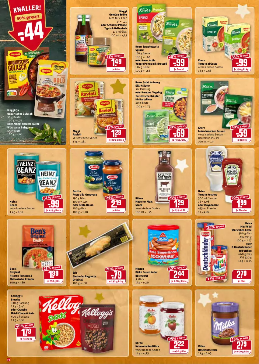 Aktueller Prospekt Rewe - REWE Ihr Kaufpark - von 20.12 bis 24.12.2021 - strona 22 - produkty: auer, baguette, barilla, beanz, Ben’s Original, beutel, bockwurst, bolognese, broccoli, Brühe, creme, darbo, Dicke Sauerländer Bockwurst, elle, feinschmecker, flasche, genovese, gin, gulasch, haselnuss, Haselnusscreme, heinz, kartoffel, kartoffeln, ketchup, Kette, knorr, konfitüre, kräuter, küche, Kühne, mac, maggi, maggi fix, mayonnaise, meica, Mett, metten, milka, müsli, natur, nuss, Ofen, penne, pesto, pfanne, ravioli, Ria, risotto, salat, sauce, saucen, Smacks, steinofen, Ti, tomate, tomaten, tomato al gusto, tomato ketchup, veggie, wurst, würstchen, Yo