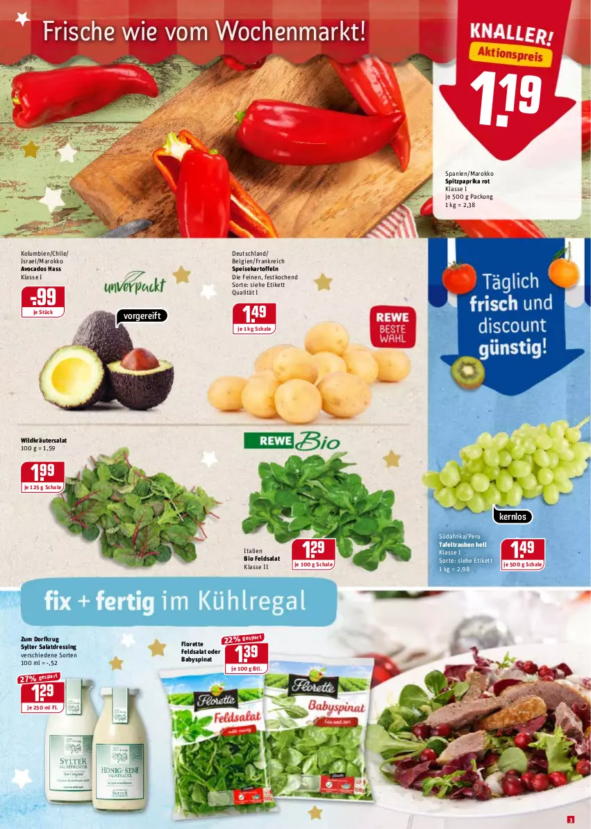 Aktueller Prospekt Rewe - REWE Ihr Kaufpark - von 20.12 bis 24.12.2021 - strona 3 - produkty: avocado, avocados, Babyspinat, bio, dressing, eis, feldsalat, florette, kartoffel, kartoffeln, kräuter, LG, paprika, paprika rot, salat, salatdressing, Schal, Schale, speisekartoffeln, spinat, Spitzpaprika, Sylter, tafeltrauben, Ti, trauben, Wild, Zum Dorfkrug