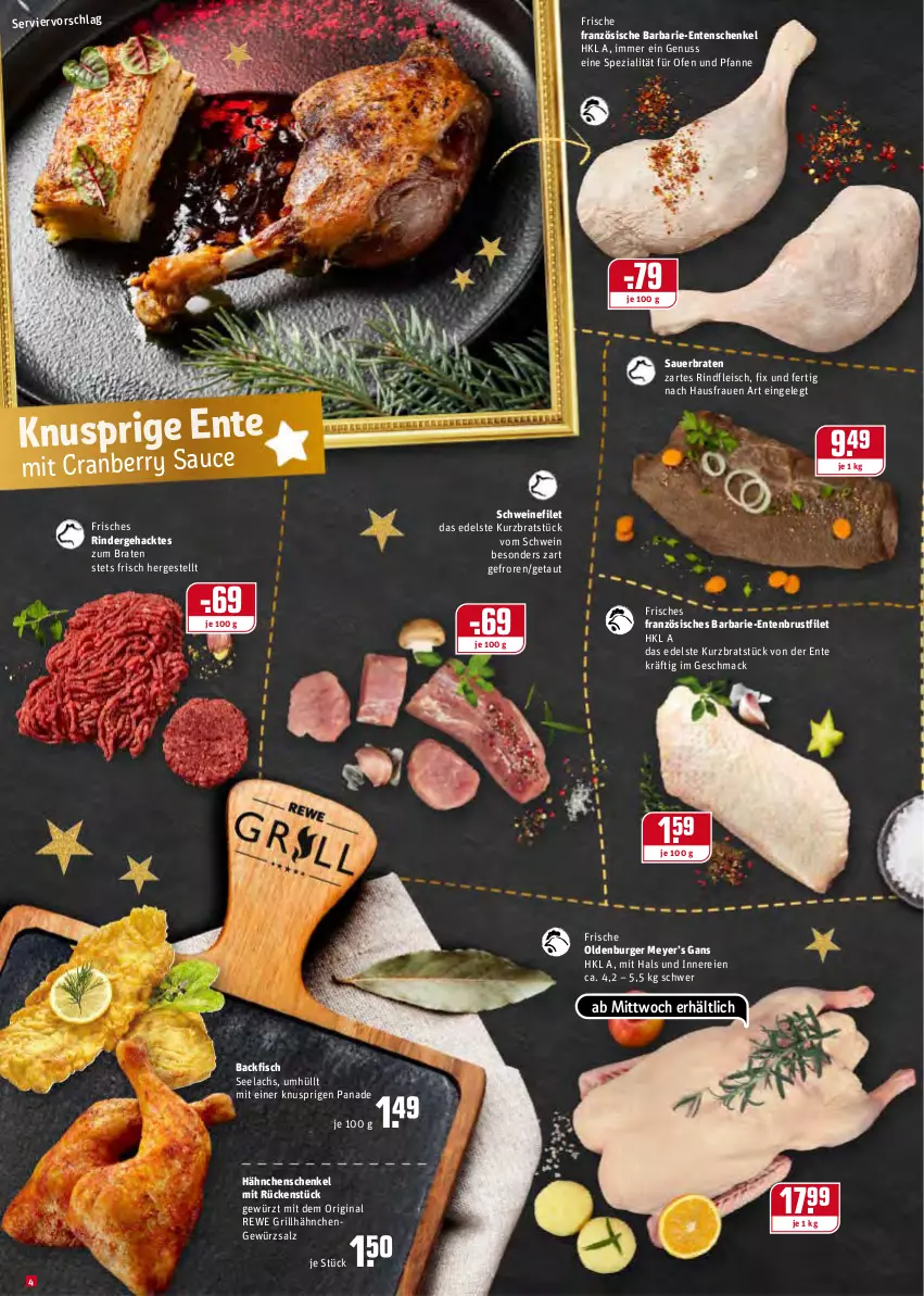 Aktueller Prospekt Rewe - REWE Ihr Kaufpark - von 20.12 bis 24.12.2021 - strona 4 - produkty: auer, backfisch, braten, brustfilet, burger, cranberry, eis, ente, Entenbrust, Entenschenkel, filet, fisch, fleisch, gewürz, gewürzsalz, gin, grill, grillhähnchen, hähnchenschenkel, henkel, lachs, mac, nuss, Ofen, pfanne, rind, rinder, rindfleisch, salz, schenkel, schwein, schweine, schweinefilet, Spezi, Ti, und pfanne, wein, weine