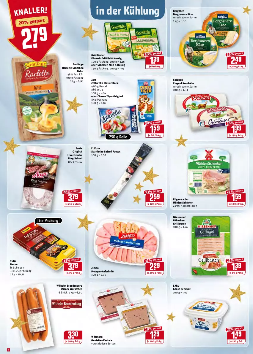 Aktueller Prospekt Rewe - REWE Ihr Kaufpark - von 20.12 bis 24.12.2021 - strona 8 - produkty: auer, aufschnitt, bacon, Bau, Bauer, bergader, beutel, braten, gin, grill, grünländer, Käse, kochschinken, malz, mühlen schinken, natur, nuss, pastete, rel, ring, rügenwalder, rügenwalder mühle, salami, schinken, Schmalz, Ti, tulip, wiener, wiener würstchen, wiesenhof, wiltmann, würfel, würstchen, ziegenkäse, zimbo, zott, zottarella