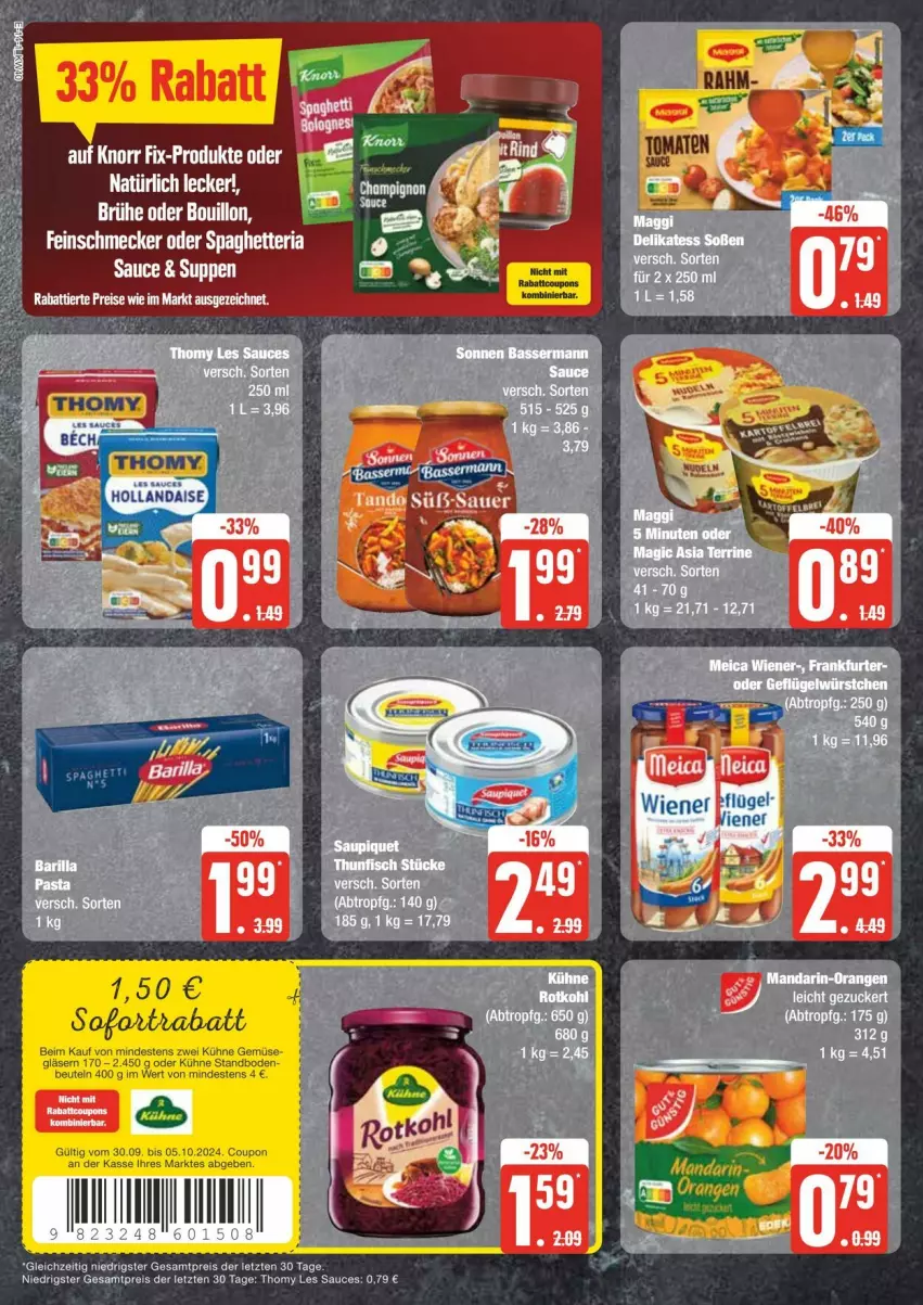 Aktueller Prospekt Edeka - Prospekte - von 28.09 bis 05.10.2024 - strona 14 - produkty: beutel, coupon, eis, ente, fisch, Gläser, Kühne, pasta, reis, sauce, sofortrabatt, suppe, suppen, thomy, thomy les sauces, thunfisch, Ti, ZTE