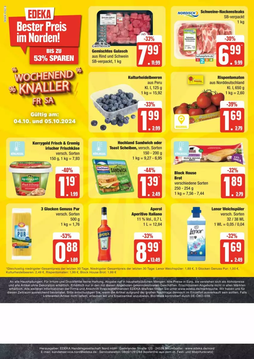 Aktueller Prospekt Edeka - Prospekte - von 28.09 bis 05.10.2024 - strona 20 - produkty: beere, beeren, brot, eis, frischkäse, gulasch, heidelbeere, heidelbeeren, hochland, Käse, kerrygold, lenor, lenor weichspüler, Nackensteak, nackensteaks, nuss, reis, rispentomaten, sandwich, schwein, schweine, steak, steaks, Ti, toast, tomate, tomaten, weichspüler, wein, weine, ZTE