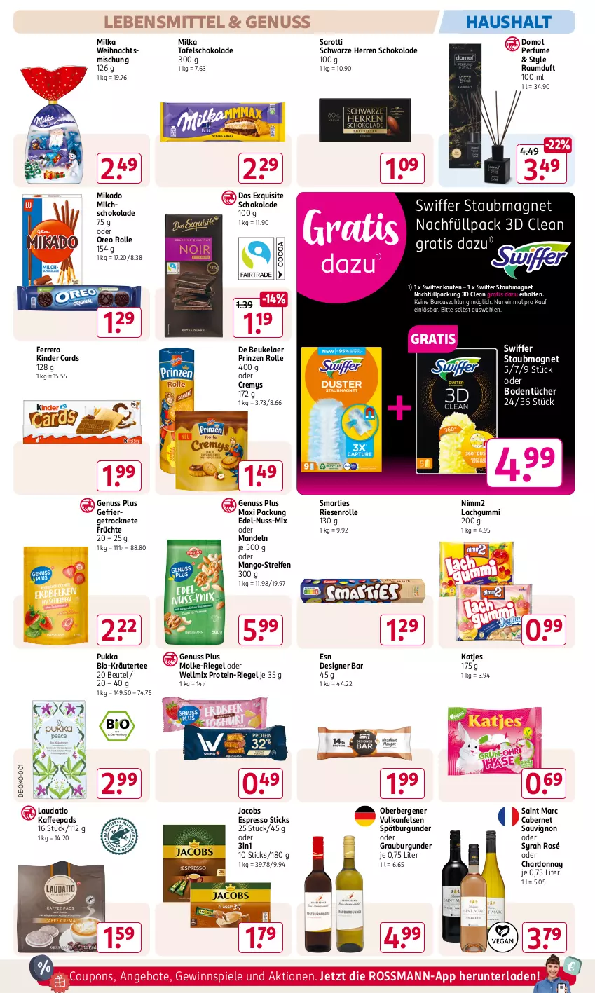 Aktueller Prospekt Rossmann - Prospekte - von 25.11 bis 29.11.2024 - strona 10 - produkty: angebot, angebote, beutel, bio, Bodentücher, burgunder, cabernet, cabernet sauvignon, chardonnay, coupon, coupons, cremys, de beukelaer, Domol, espresso, ferrero, früchte, gewinnspiel, grauburgunder, jacobs, kaffee, kaffeepads, katjes, Kinder, kräuter, lachgummi, lebensmittel, mandel, mandeln, mango, mikado, milch, milka, nimm2, nuss, oreo, prinzen rolle, Raumduft, reifen, riegel, saro, sarotti, sauvignon, schoko, schokolade, smarties, spätburgunder, Spiele, staubmagnet, swiffer, tee, Ti, tücher