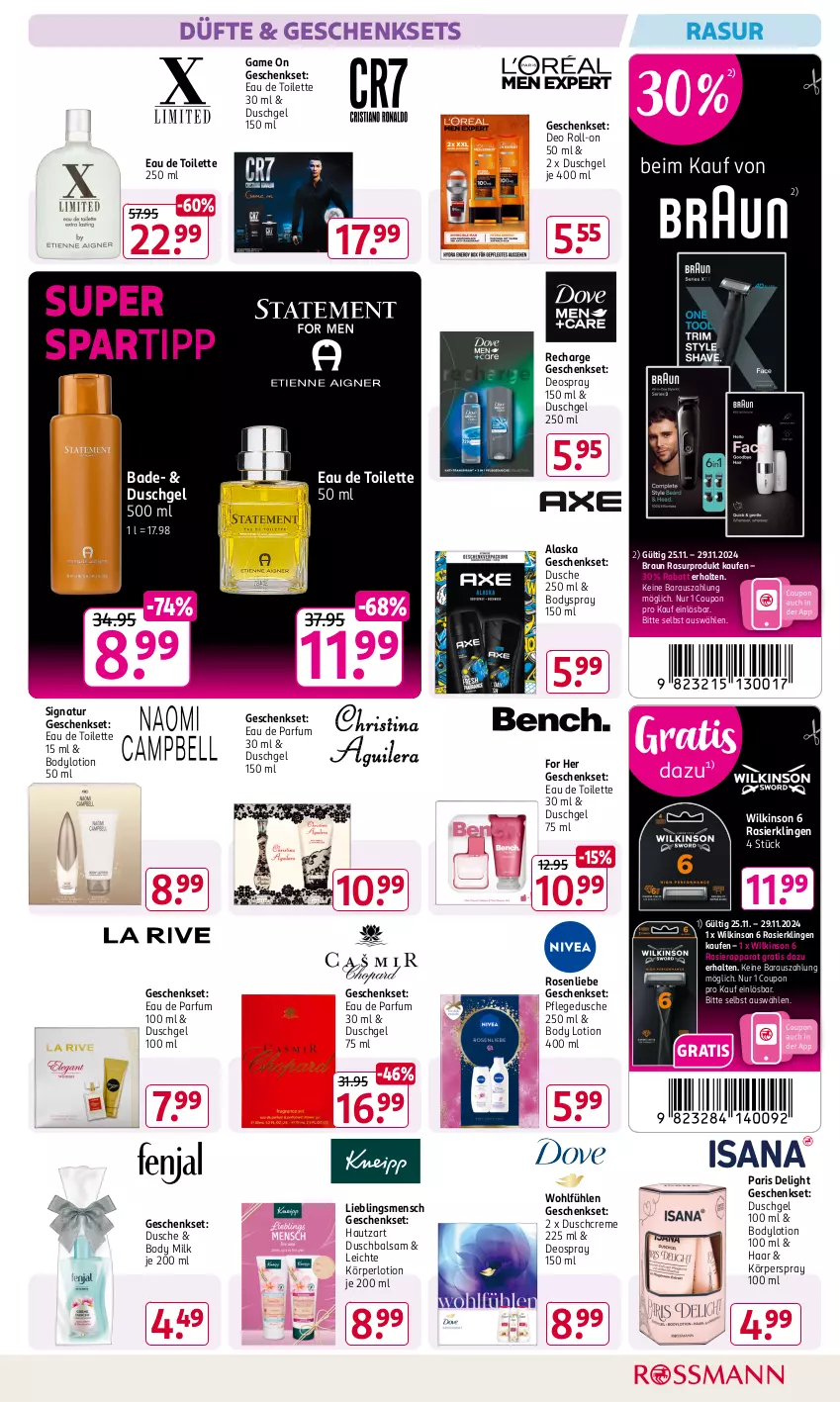 Aktueller Prospekt Rossmann - Prospekte - von 25.11 bis 29.11.2024 - strona 5 - produkty: Bad, balsam, body, body lotion, body milk, bodylotion, bodyspray, braun, coupon, creme, deo, deo roll-on, deospray, deospray 150 ml, duschcreme, dusche, duschgel, Eau de parfum, eau de parfum 30 ml, eau de toilette, eau de toilette 30 ml, eau de toilette 50 ml, geschenkset, Körperlotion, Körperspray, Lotion, natur, parfum, pflegedusche, rasierapparat, Rasierklinge, rasierklingen, roll-on, rosen, spartipp, Ti, wilkinson