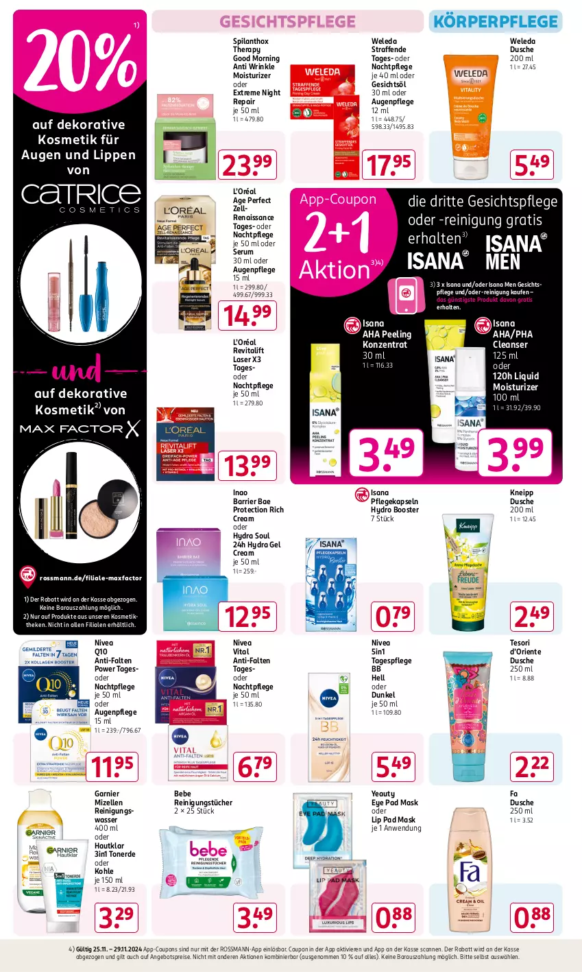 Aktueller Prospekt Rossmann - Prospekte - von 25.11 bis 29.11.2024 - strona 6 - produkty: angebot, angebotspreis, Augenpflege, Bebe, coupon, coupons, dusche, eis, elle, ente, erde, garnier, Gesichtsöl, gesichtspflege, gsw, isana, kneipp, körperpflege, kosmetik, mizellen, Mizellen Reinigungswasser, nachtpflege, nivea, Peeling, Q10, Reinigung, reinigungstücher, reis, Revital, revitalift, rum, sana, Serum, Tagespflege, Ti, Toner, tücher, vita, wasser, weleda