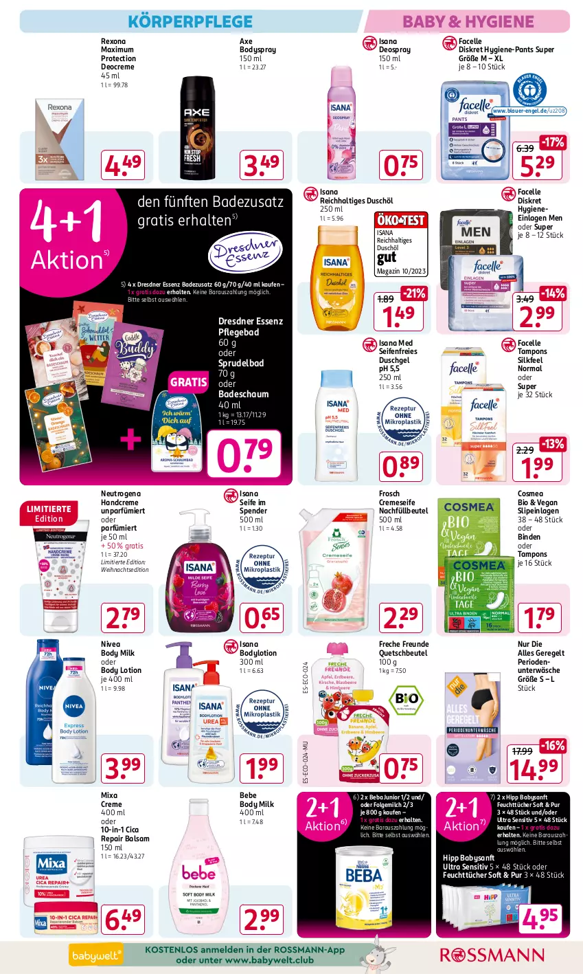 Aktueller Prospekt Rossmann - Prospekte - von 25.11 bis 29.11.2024 - strona 7 - produkty: auer, axe, Bad, balsam, Beba, Bebe, beutel, binden, bio, body, body lotion, body milk, bodylotion, bodyspray, cosmea, creme, cremeseife, deo, Deocreme, deospray, deospray 150 ml, duschgel, elle, Engel, Facelle, feuchttücher, folgemilch, freche freunde, Frosch, handcreme, hipp, Hygiene-Pants, isana, körperpflege, LG, Lotion, magazin, milch, Mixa, neutrogena, nivea, Pants, quetschbeutel, rexona, sana, Seife, slip, slipeinlagen, Sprudel, Sprudelbad, Tampon, tampons, Ti, tücher, Unterwäsche