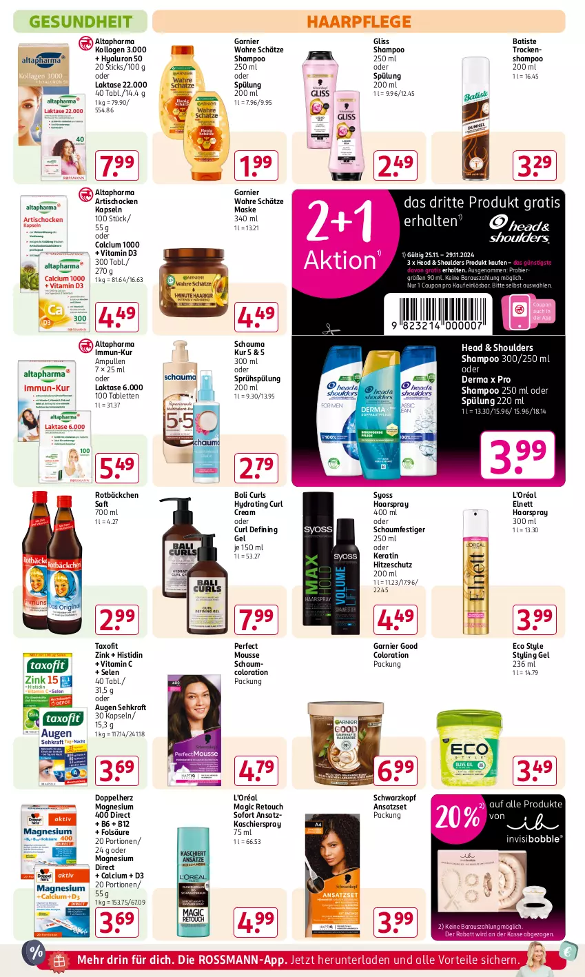 Aktueller Prospekt Rossmann - Prospekte - von 25.11 bis 29.11.2024 - strona 8 - produkty: Altapharma, Artischocken, bier, Calcium, coupon, doppelherz, elnett, garnier, Gesundheit, gliss, haarpflege, haarspray, hyaluron, Kollagen, kraft, magnesium, magnesium 400, Maske, mousse, oder schaumfestiger, saft, schauma, schaumfestiger, schwarzkop, schwarzkopf, Sehkraft, shampoo, shampoo 250 ml, spülung, spülung 200 ml, Styling Gel, syoss, tablet, tablett, Tablette, Taxofit, Ti, tisch, Trockenshampoo, vita, Vitamin C, Vitamin D, Wahre Schätze, Yo