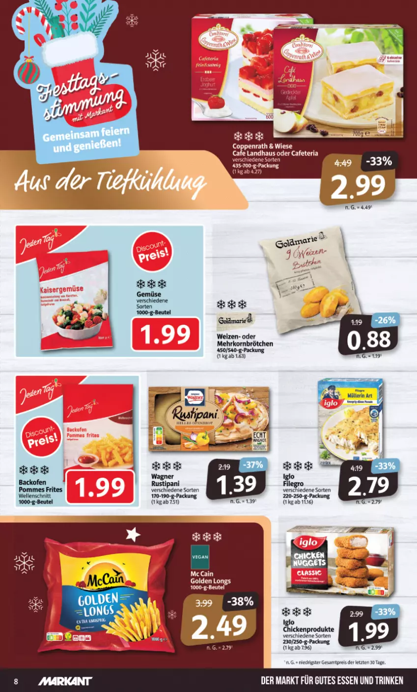 Aktueller Prospekt Markant - Prospekte - von 28.11 bis 03.12.2022 - strona 8 - produkty: backofen, beutel, braten, brötchen, eis, Golden Longs, GPS, iglo, korn, mc cain, mehrkornbrötchen, Ofen, reis, Ria, rustipani, Ti, wagner, ZTE