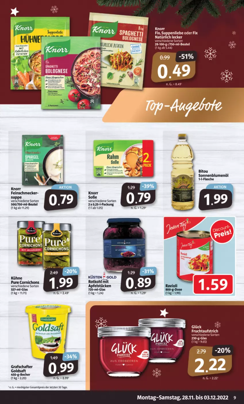 Aktueller Prospekt Markant - Prospekte - von 28.11 bis 03.12.2022 - strona 9 - produkty: apfel, aufstrich, Becher, beutel, blume, blumen, blumenöl, Blüte, blütenhonig, bolognese, eis, feinschmecker, flasche, frucht, fruchtaufstrich, goldsaft, grafschafter, honig, knorr, Kühne, reis, rotkohl, saft, sonnenblume, sonnenblumen, sonnenblumenöl, suppe, suppen, suppenliebe, ZTE