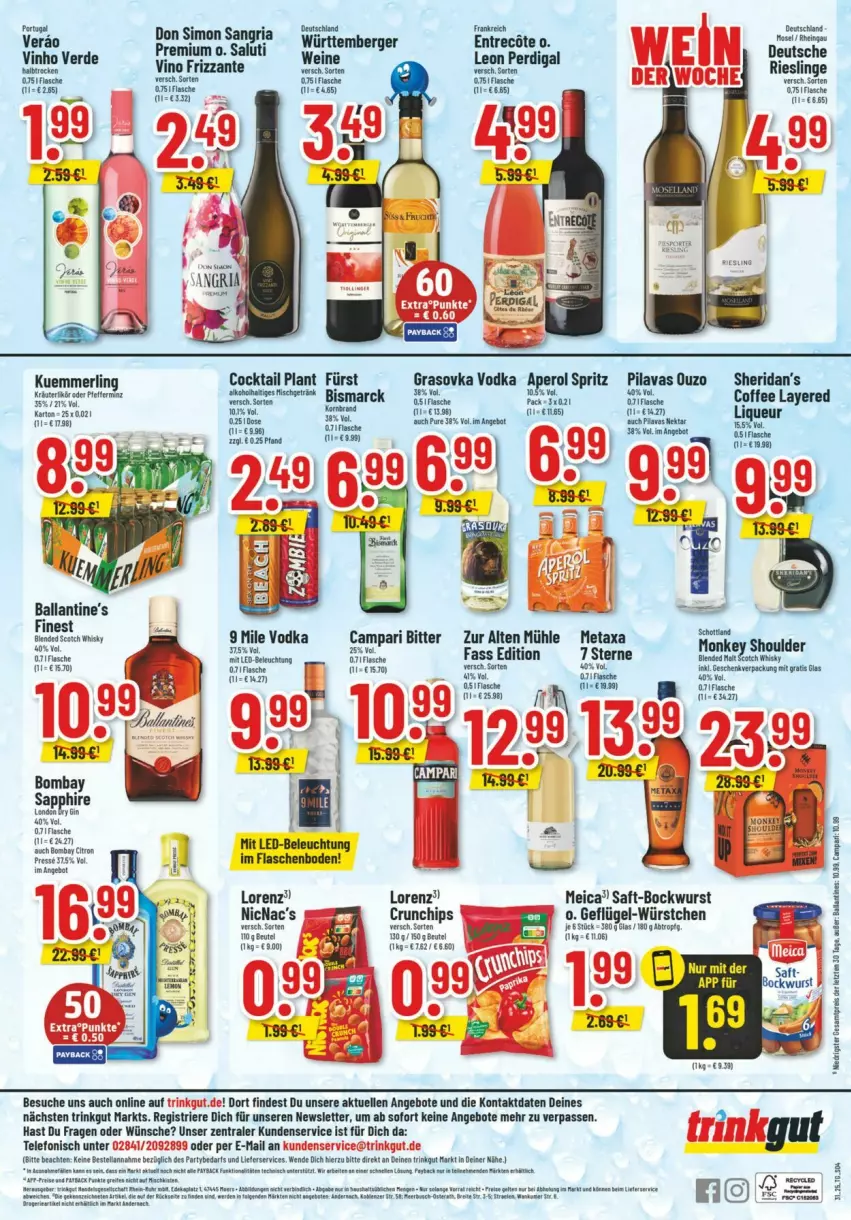 Aktueller Prospekt Trinkgut - Prospekte - von 27.07 bis 02.08.2025 - strona 6 - produkty: angebot, angebote, aperol, ball, Ballantine's, Berger, beutel, bismarck, blended scotch, blended scotch whisky, bockwurst, buch, campari, chips, cocktail, crunchips, eis, elle, ente, erde, fisch, fische, flasche, frizzante, Geflügel, korn, kuemmerling, liqueur, lorenz, meica, merl, Metaxa, ouzo, reis, Ria, riesling, saft, sangria, sapphire, scotch, scotch whisky, sim, telefon, Ti, tisch, vinho verde, vodka, wein, weine, whisky, wurst, würstchen, ZTE