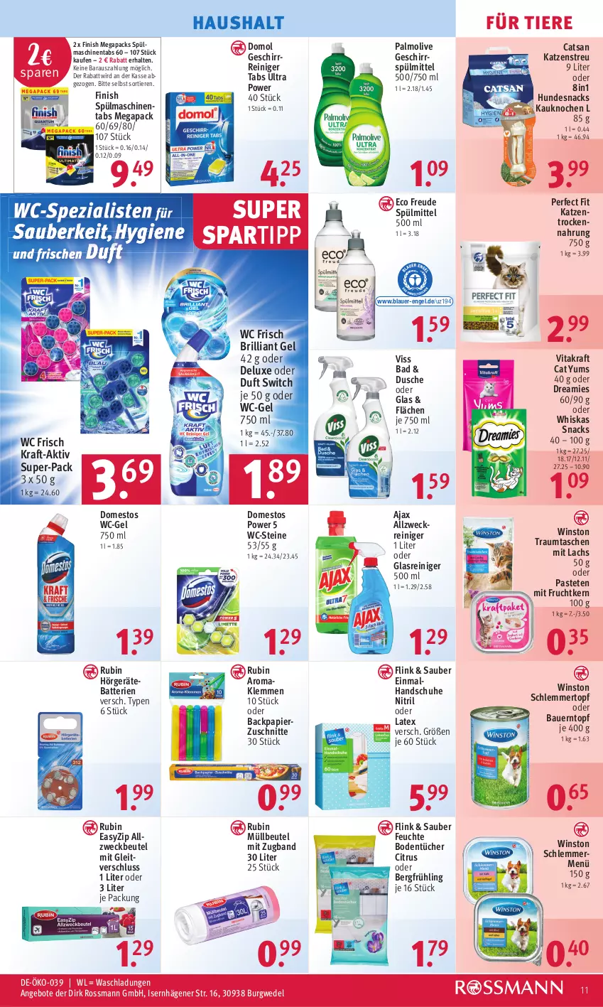 Aktueller Prospekt Rossmann - Prospekte - von 16.01 bis 20.01.2023 - strona 11 - produkty: ajax, Allzweckbeutel, allzweckreiniger, angebot, angebote, auer, Bad, batterie, batterien, Bau, Bauer, beutel, Bodentücher, catsan, citrus, domestos, Domol, dreamies, dusche, Engel, Finish, frucht, geschirr, geschirrspülmittel, Glasreiniger, handschuhe, hundesnack, hundesnacks, Katzenstreu, kraft, lachs, mit frucht, müllbeutel, olive, palmolive, papier, pastete, Perfect Fit, reiniger, Rubin, schuhe, snack, snacks, spartipp, spülmaschinen, spülmaschinentabs, spülmittel, Tasche, taschen, Ti, Tiere, topf, Trockennahrung, tücher, vita, vitakraft, wc frisch, wc-gel, WC-Steine, weck, wedel, whiskas