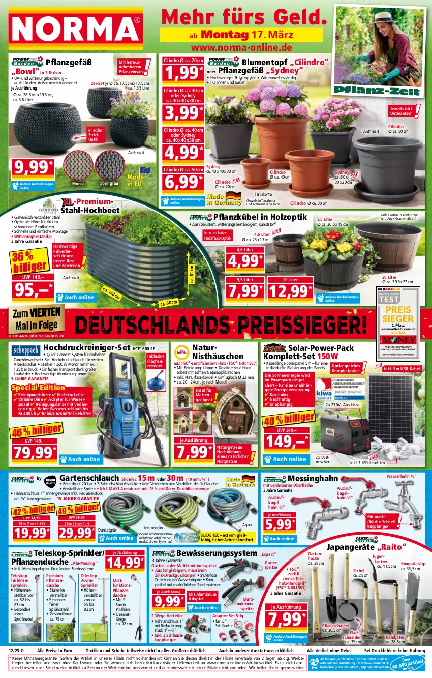 Aktueller Prospekt Norma - Norma - von 17.03 bis 24.03.2025 - strona 1 - produkty: adapter, aqua, armatur, armaturen, Bebe, Behälter, blume, blumen, braun, bürste, dell, dusche, eis, elle, Garten, gartenschlauch, gin, hochdruckreiniger, Holz, Kugel, lachs, laufräder, LED-Leuchte, Leuchte, leuchten, LG, Mode, natur, natura, ndk, pflanze, pflanzen, reiniger, Reinigung, reinigungsbürste, Reinigungsmittel, reis, reiss, Ria, rwe, säge, schlauch, schläuche, schuhe, Spezi, Sport, Teleskop, Ti, topf, Untersetzer, usb, wasser