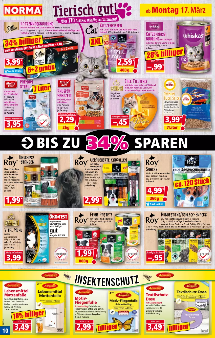 Aktueller Prospekt Norma - Norma - von 17.03 bis 24.03.2025 - strona 10 - produkty: auer, ball, beutel, Calcium, chips, eis, ente, filet, fisch, fische, fleisch, Geflügel, gelee, hühner, Hühnerleber, insektenschutz, Käse, Katzenstreu, kissen, kleid, kleider, klumpstreu, küche, Küchen, lachs, lamm, lavendel, lebensmittel, Liege, Mett, Mottenfalle, Nassnahrung, pastete, reifen, rind, saft, Schal, Schale, Schmetterling, sekt, snack, snacks, Soße, Ti, truthahn, vita, WICK, Wild, würstchen