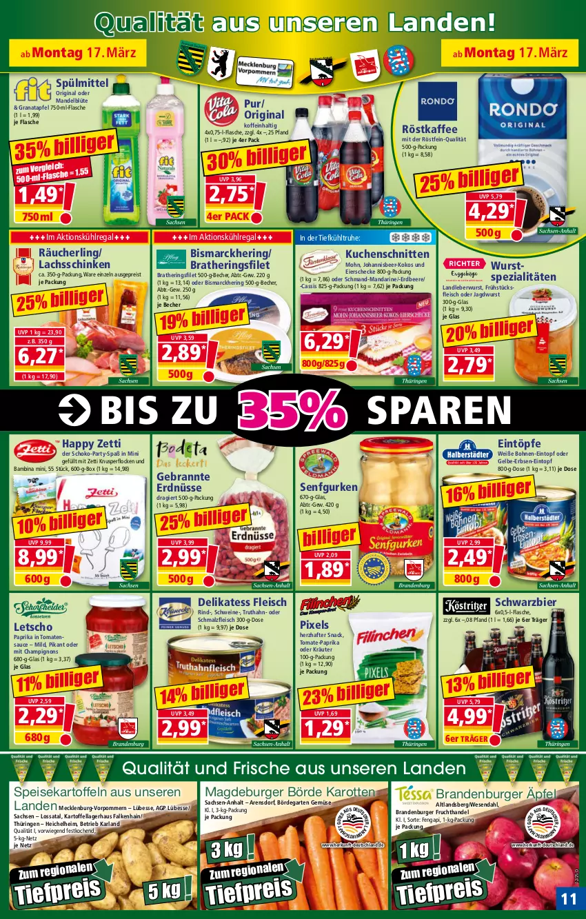 Aktueller Prospekt Norma - Norma - von 17.03 bis 24.03.2025 - strona 11 - produkty: apfel, arla, Becher, beere, bier, bismarck, Blüte, bohne, bohnen, Brandenburger äpfel, burger, cassis, champignon, champignons, eier, eintopf, eintöpfe, eis, erbsen, erdbeere, erdnüsse, filet, flasche, fleisch, frucht, frühstücksfleisch, Garten, Gebrannte Erdnüsse, gin, grana, granatapfel, gurke, gurken, hering, Herings, jagdwurst, kaffee, karotten, kartoffel, kartoffeln, Knusperflocken, kokos, kräuter, kuchen, Kuchenschnitte, kühlregal, lachs, lachsschinken, landleberwurst, leberwurst, Letscho, malz, mandarine, mandel, oder kräuter, paprika, Rana, Räucherling, regal, reis, rind, ring, röstkaffee, sac, sauce, schinken, Schmalz, schmand, schnitten, schoko, schwein, schweine, senf, snack, speisekartoffeln, Spezi, spülmittel, Ti, tiefpreis, tomate, tomaten, tomatensauce, topf, truthahn, wein, weine, Weiße Bohnen, wurst