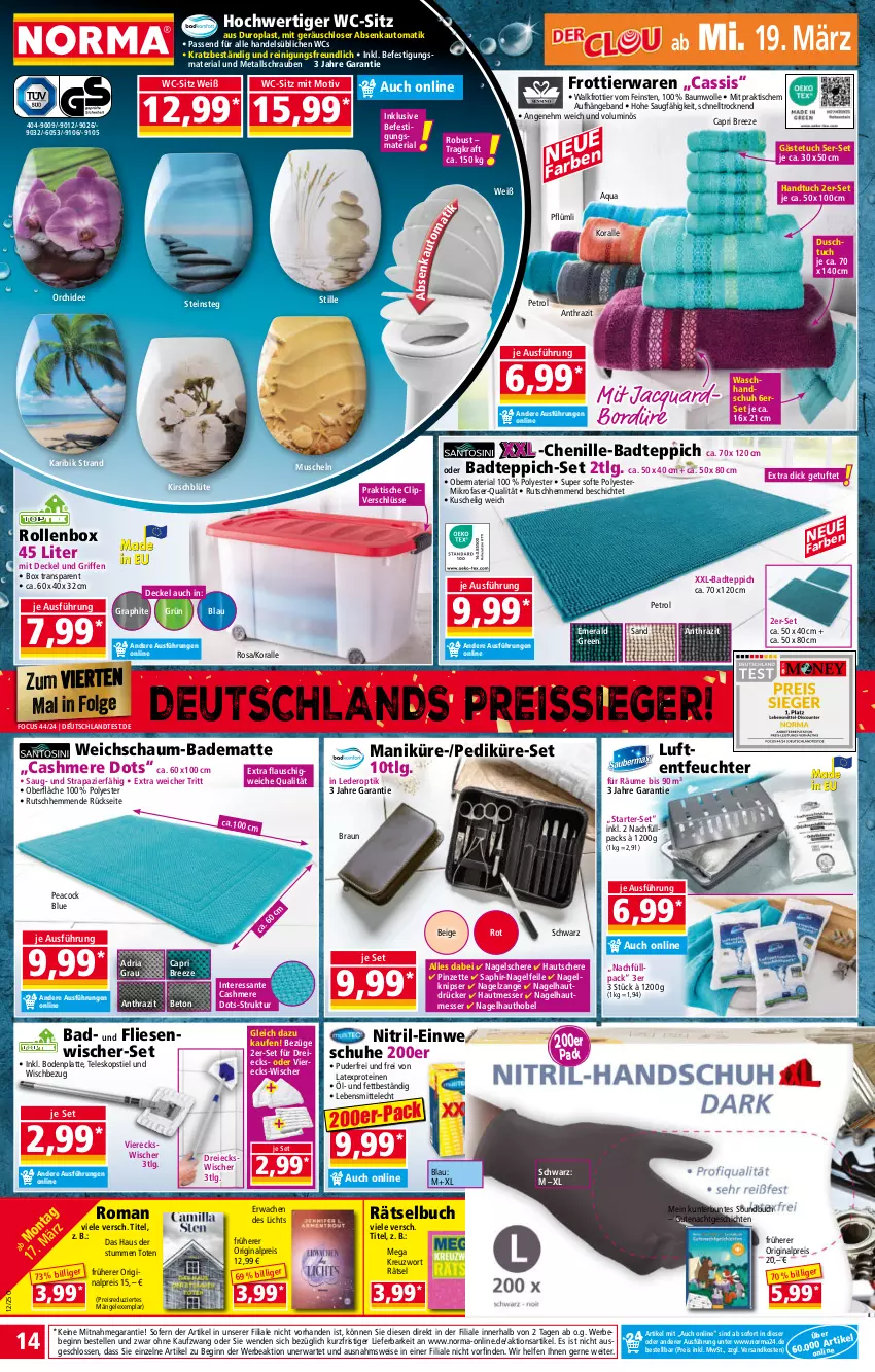 Aktueller Prospekt Norma - Norma - von 17.03 bis 24.03.2025 - strona 14 - produkty: apfel, aqua, auto, Bad, badematte, badteppich, Bau, baumwolle, Bebe, Blüte, Bodenplatte, braun, bree, buch, Cap, cashmere, cassis, decke, Deckel, duschtuch, Einweghandschuhe, eis, elle, gästetuch, gin, handschuhe, handtuch, Kinder, kirsch, kraft, latte, lebensmittel, LG, Luftentfeuchter, messer, mikrofaser, Muscheln, Nagelfeile, Nagelzange, ndk, orange, orangen, orchidee, passend für alle, Pinzette, Reinigung, reis, reiss, Ria, Rollenbox, SANTE, Schere, schrauben, schuhe, Seife, Soundbuch, Teleskop, teleskopstiel, teppich, Ti, tisch, topf, tuc, waschhandschuh, wc-sitz, wolle, zitrone, zitronen