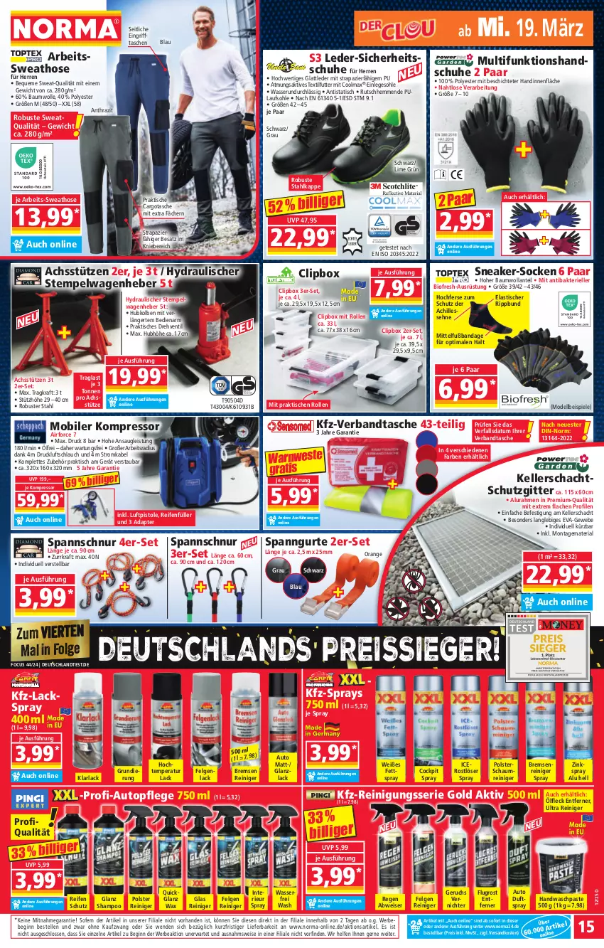 Aktueller Prospekt Norma - Norma - von 17.03 bis 24.03.2025 - strona 15 - produkty: adapter, arla, asti, auto, Bau, baumwolle, Bebe, bio, dell, Duftspray, eis, elle, felgen, gin, handschuhe, hose, HP, kompressor, kraft, lack, LG, Mode, ndk, orange, reifen, reiniger, Reinigung, reis, reiss, Ria, schlauch, schuhe, shampoo, sneaker, socken, Spiele, Sweathose, Tasche, taschen, Ti, tisch, topf, Warnweste, wasser, Weste, wolle