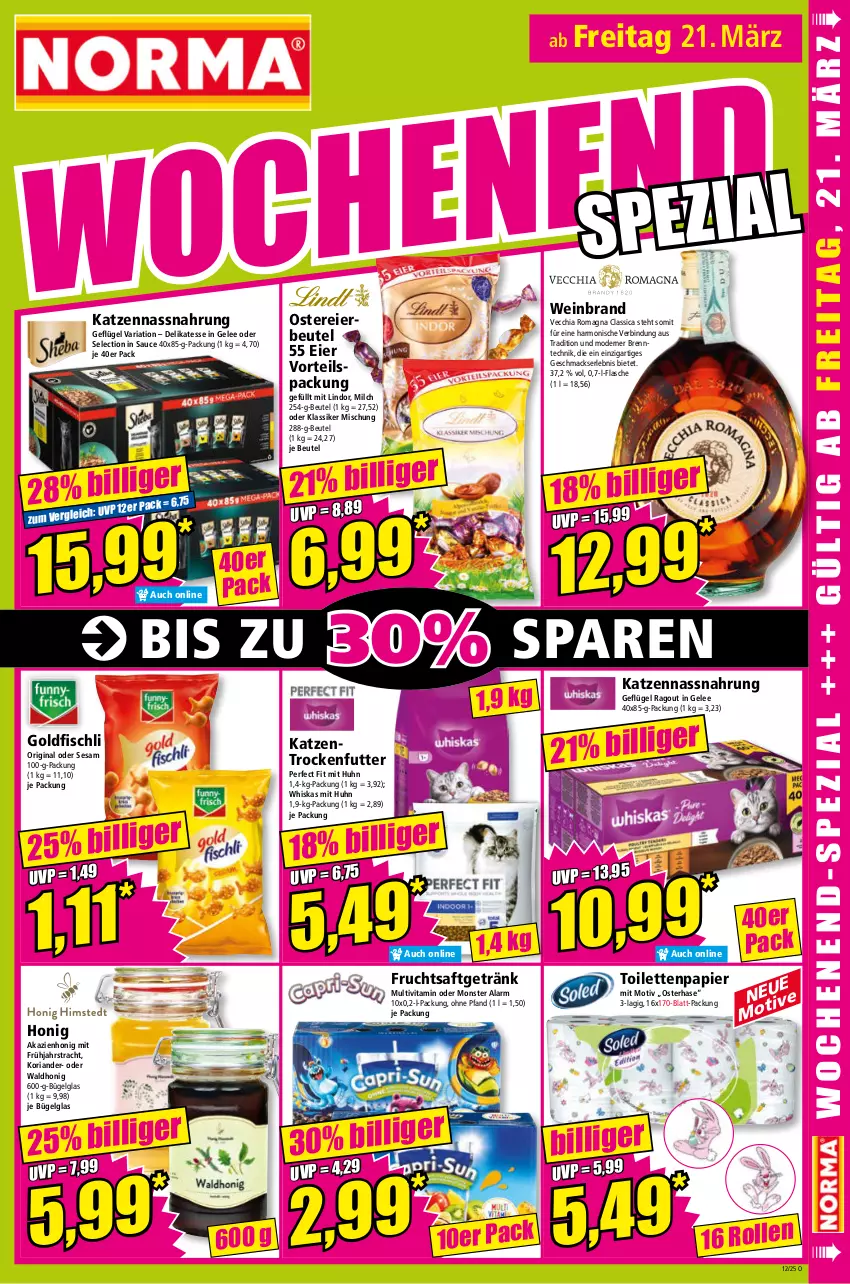 Aktueller Prospekt Norma - Norma - von 17.03 bis 24.03.2025 - strona 17 - produkty: beutel, bügel, chia, eier, fisch, flasche, frucht, fruchtsaft, fruchtsaftgetränk, Geflügel, gelee, getränk, gin, Goldfischli, honig, Katzentrockenfutter, Koriander, LG, lindor, mac, milch, Mode, monster, Nassnahrung, papier, Perfect Fit, Ragout, Ria, saft, sauce, sesam, Ti, toilettenpapier, trockenfutter, Vecchia Romagna, vita, wein, weinbrand, whiskas