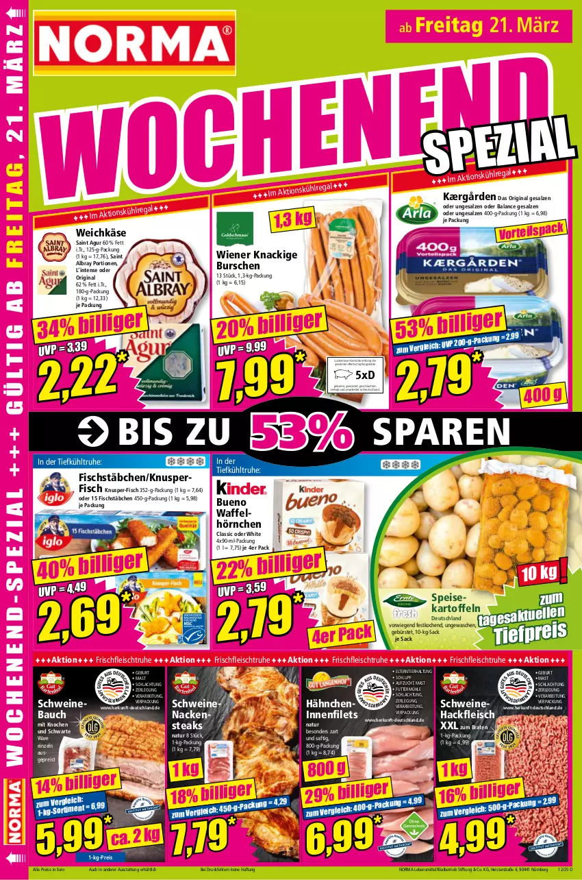 Aktueller Prospekt Norma - Norma - von 17.03 bis 24.03.2025 - strona 18 - produkty: albray, Bau, braten, bürste, eis, elle, filet, filets, fisch, fischstäbchen, fleisch, gin, hackfleisch, hörnchen, Kærgården, kartoffel, kartoffeln, Käse, kühlregal, lebensmittel, Nackensteak, nackensteaks, natur, regal, reis, sac, saft, Saint Agur, saint albray, salz, schwein, schweine, Schweinebauch, Schweinehackfleisch, schweinenacken, speisekartoffeln, steak, steaks, Ti, tiefpreis, Waffelhörnchen, weichkäse, wein, weine, wiener