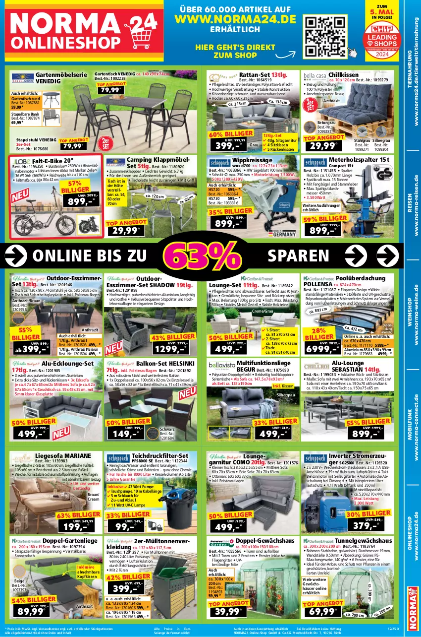 Aktueller Prospekt Norma - Norma - von 17.03 bis 24.03.2025 - strona 19 - produkty: akku, angebot, armlehnen, asti, auto, Bank, Bau, beistelltisch, bett, Bona, braun, bügel, bürste, bürsten, Couch, couchtisch, creme, E-Bike, eis, elle, Esszimmer, fenster, fliegengitter, garnitur, Garten, gartenliege, gartenmöbel, gartentisch, Gewächshaus, glasplatte, hocker, Holz, Holzspalter, HP, kissen, kleid, Kleidung, kopfkissen, kraft, Lampe, latte, leine, LG, Liege, lounge-set, loungegarnitur, messer, möbel, Multifunktionsliege, ndk, pflanze, pflanzen, pool, reis, reiss, Ria, Rückenkissen, rwe, säge, Schal, schlauch, sessel, sitzkissen, Sofa, stapelstuhl, steckdose, Stromerzeuger, stuhl, Ti, tiernahrung, tisch, tischplatte, trolli, usb, wasser, wein, weine, weinshop, ZTE