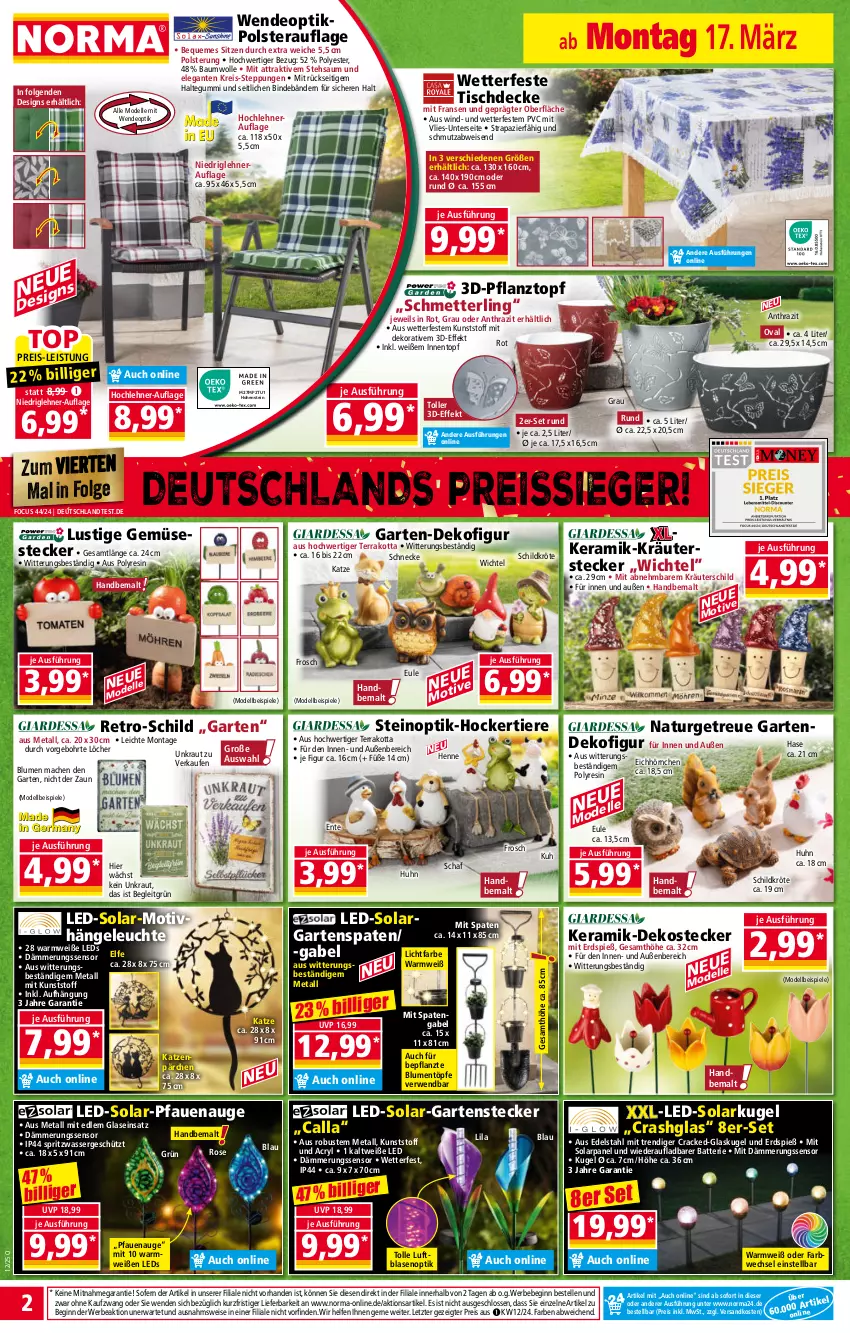 Aktueller Prospekt Norma - Norma - von 17.03 bis 24.03.2025 - strona 2 - produkty: batterie, Bau, baumwolle, Bebe, blume, blumen, decke, Dekofigur, dell, deo, edelstahl, eis, elle, ente, Frosch, gabel, Garten, gin, Glaskugel, Hängeleuchte, hocker, hohenstein, hörnchen, Kraut, kräuter, Kugel, leds, Leuchte, LG, Lusti, mac, Mett, Mode, natur, ndk, Pfau, Pflanztopf, reis, reiss, rwe, Schmetterling, Spaten, Spiele, Ti, Tiere, tisch, tischdecke, topf, usb, wasser, Wichtel, wolle, ZTE