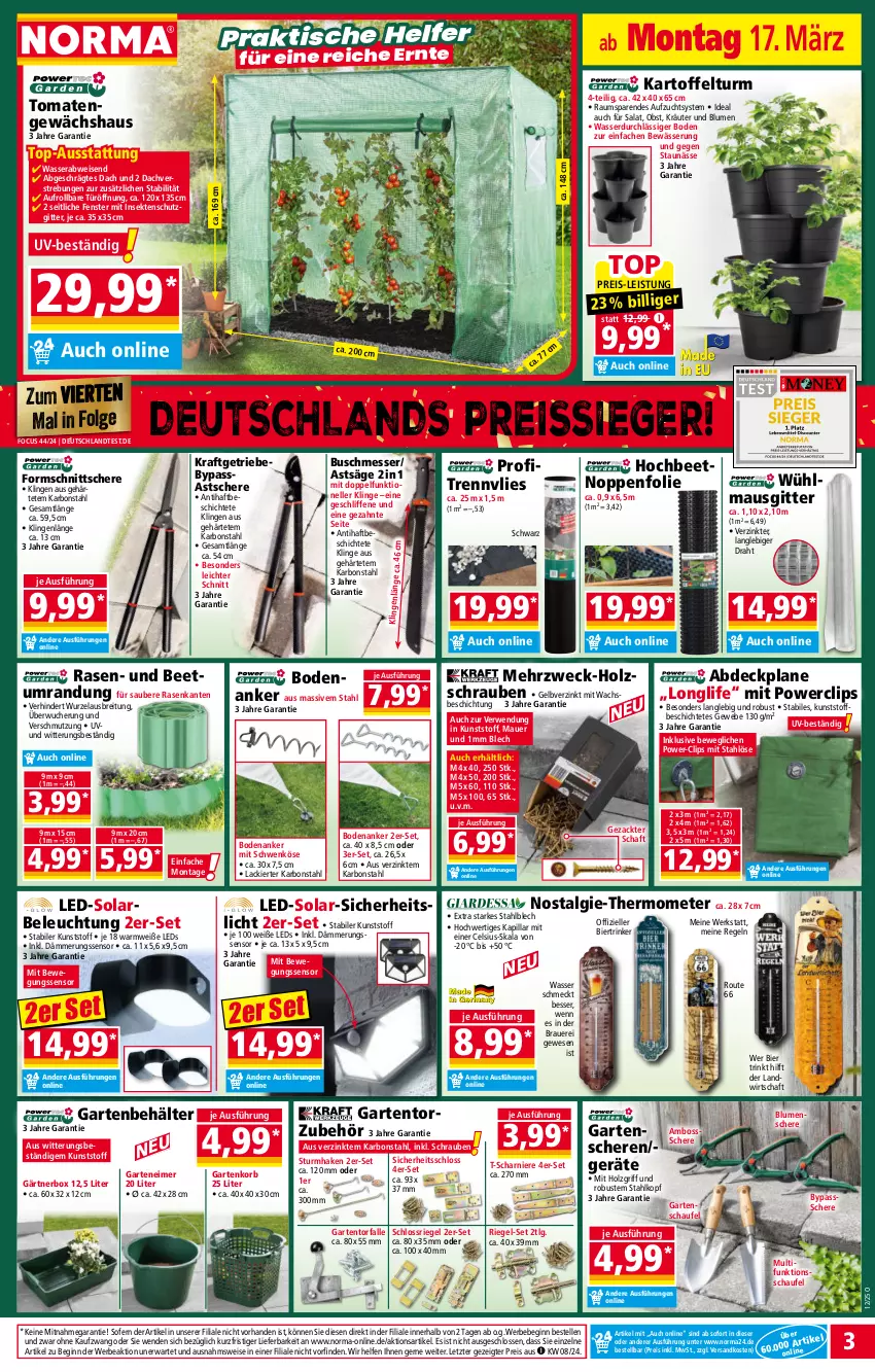 Aktueller Prospekt Norma - Norma - von 17.03 bis 24.03.2025 - strona 3 - produkty: abdeckplane, auer, Bebe, Beetumrandung, Behälter, beleuchtung, Bewegungssensor, bier, blume, blumen, boss, Brei, Draht, eimer, eis, elle, erde, fenster, Garten, Gartenschere, Gewächshaus, gin, Holz, insektenschutz, kartoffel, korb, kraft, kräuter, lack, leds, LG, longlife, Maus, messer, ndk, obst, rasen, reis, reiss, riegel, rwe, säge, salat, Schere, schrauben, sekt, thermometer, Ti, tisch, tomate, tomaten, usb, wasser, weck, ZTE