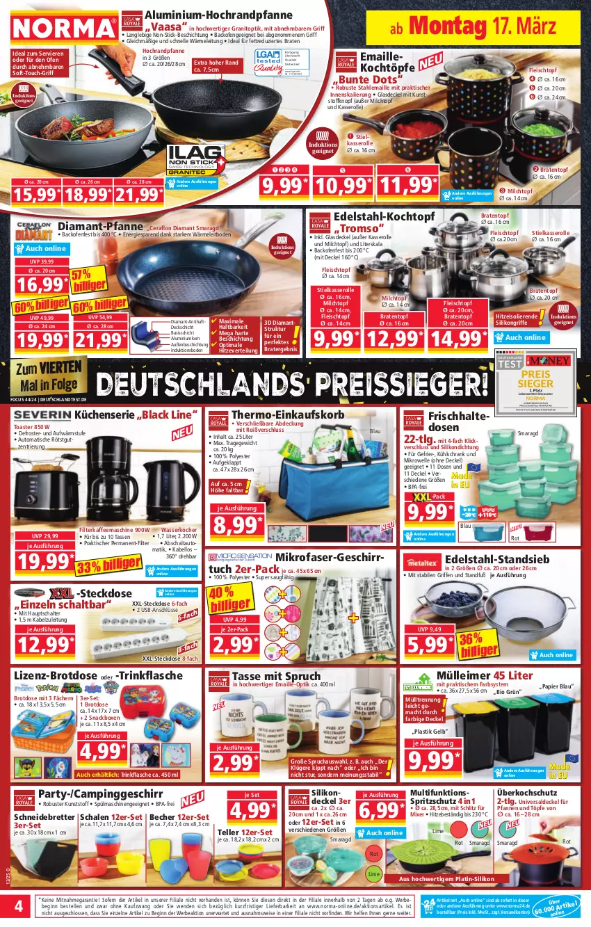 Aktueller Prospekt Norma - Norma - von 17.03 bis 24.03.2025 - strona 4 - produkty: asti, auto, backofen, Bebe, Becher, bio, braten, Bratentopf, brot, Brotdose, decke, Deckel, edelstahl, eimer, einkaufskorb, eis, elle, filterkaffee, flasche, fleisch, Fleischtopf, frischhaltedosen, geschirr, geschirrtuch, gin, Glasdeckel, kaffee, kaffeemaschine, Kocher, Kochtopf, korb, küche, Küchen, kühlschrank, lack, leimer, LG, mac, maille, mikrofaser, mikrowelle, milch, Mixer, ndk, Ofen, papier, pfanne, pfannen, reis, reiss, Schal, Schale, schneidebrett, Schrank, snack, Spritzschutz, spülmaschinen, steckdose, stielkasserolle, tasse, teller, Ti, tisch, toast, toaster, topf, trinkflasche, tuc, usb, wasser, wasserkocher