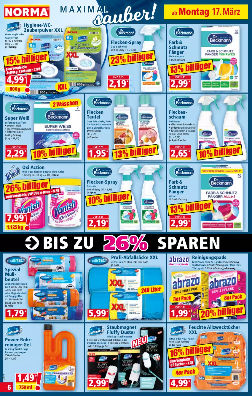 Aktueller Prospekt Norma - Norma - von 17.03 bis 24.03.2025 - strona 6 - produkty: Allzwecktücher, Apple, beutel, Brei, citrus, deo, flasche, getränk, getränke, grill, müllbeutel, obst, oxi action, pfanne, reiniger, Reinigung, rwe, sauce, saucen, Seife, Spezi, sprühflasche, staubmagnet, Teleskop, Ti, topf, tragegriff, tuc, tücher, weck