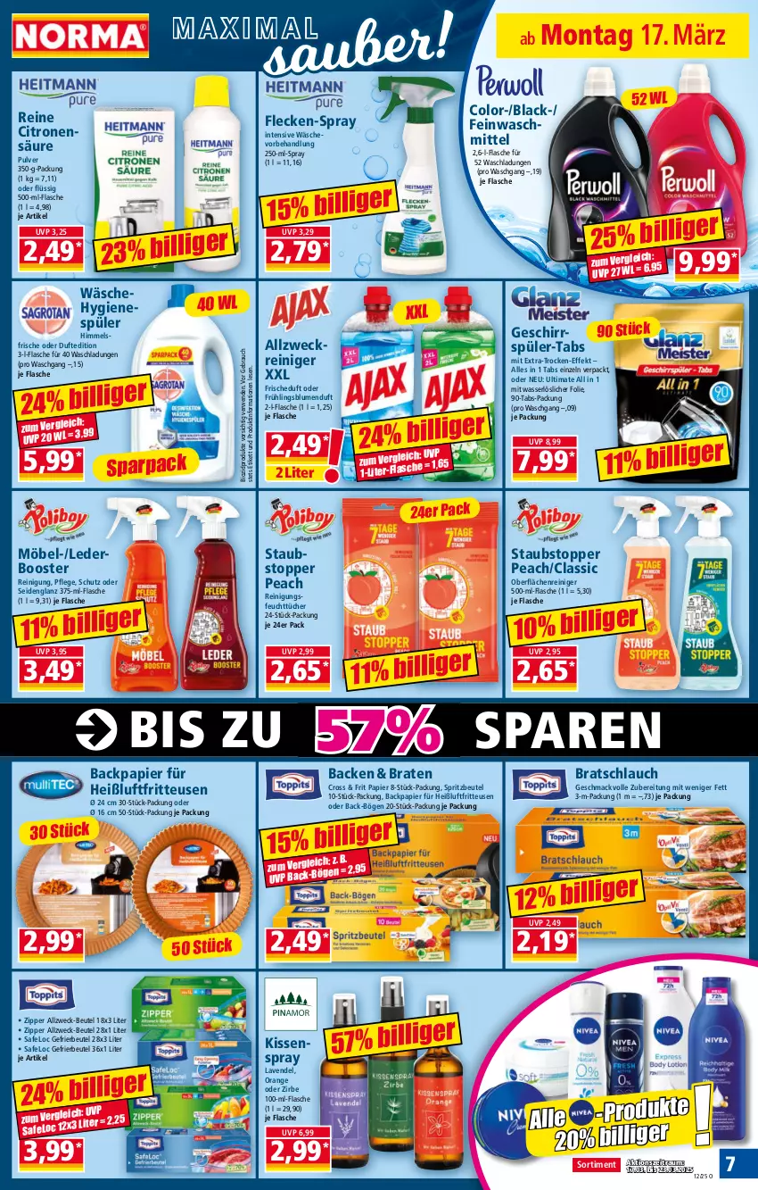 Aktueller Prospekt Norma - Norma - von 17.03 bis 24.03.2025 - strona 7 - produkty: allzweckreiniger, beutel, bio, biozidprodukte, blume, blumen, braten, feinwaschmittel, feuchttücher, flasche, fritteuse, gefrierbeutel, geschirr, Heißluftfritteuse, hygienespüler, kissen, lack, lavendel, mac, möbel, orange, papier, Rauch, reiniger, Reinigung, rwe, schlauch, Ti, topper, tücher, waschmittel, wasser, weck, zipper