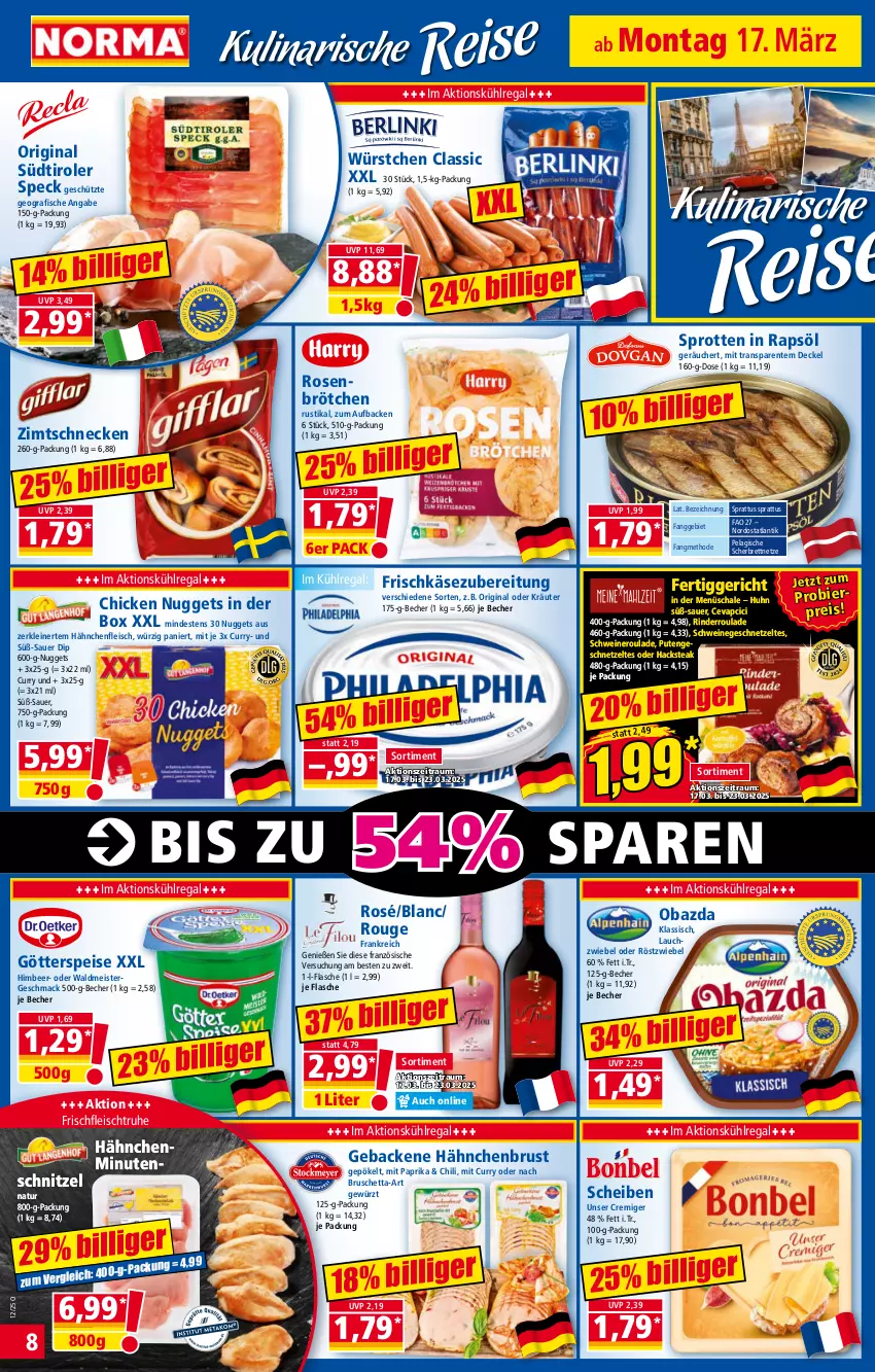 Aktueller Prospekt Norma - Norma - von 17.03 bis 24.03.2025 - strona 8 - produkty: auer, Becher, bier, brötchen, cevapcici, chicken nuggets, chili, curry, decke, Deckel, dip, eis, ente, fertiggericht, fisch, fische, flasche, fleisch, frischkäse, frischkäsezubereitung, geback, geschnetzeltes, gewürz, gin, götterspeise, hähnchenbrust, Hähnchenfleisch, himbeer, Käse, kräuter, kühlregal, Lauchzwiebel, leine, mac, Meister, mit paprika, natur, nero, nuggets, obazda, oder kräuter, paprika, pute, Putengeschnetzeltes, rapsöl, regal, reis, rind, rinder, Rinderroulade, rosen, rouge, Schal, Schale, schnitzel, schwein, schweine, Schweineroulade, Speck, Sprotten, steak, südtiroler, Ti, waldmeister, wein, weine, würstchen, Zelt, ZTE, zwiebel