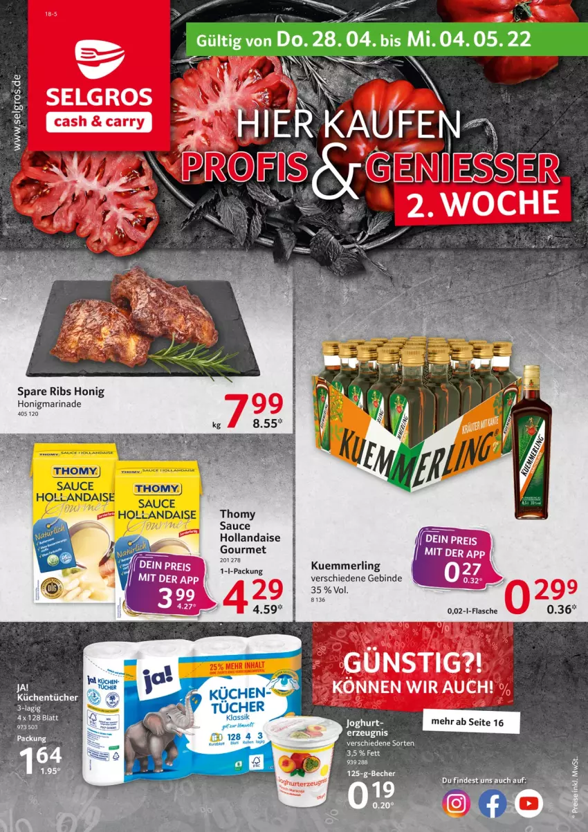 Aktueller Prospekt Selgros - Food - von 28.04 bis 04.05.2022 - strona 1 - produkty: flasche, hollandaise, honig, küche, Küchen, küchentücher, kuemmerling, LG, maracuja, marinade, merl, sauce, sauce hollandaise, spare ribs, thomy, Ti, tücher