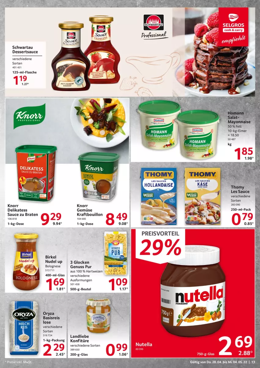 Aktueller Prospekt Selgros - Food - von 28.04 bis 04.05.2022 - strona 13 - produkty: beutel, birkel, bolognese, braten, dessert, desserts, dessertsauce, eimer, eis, flasche, hartweizen, hollandaise, kakao, Käse, knorr, konfitüre, kraft, landliebe, nudel, nuss, oryza, reis, sauce, Schwartau, Ti, Yo