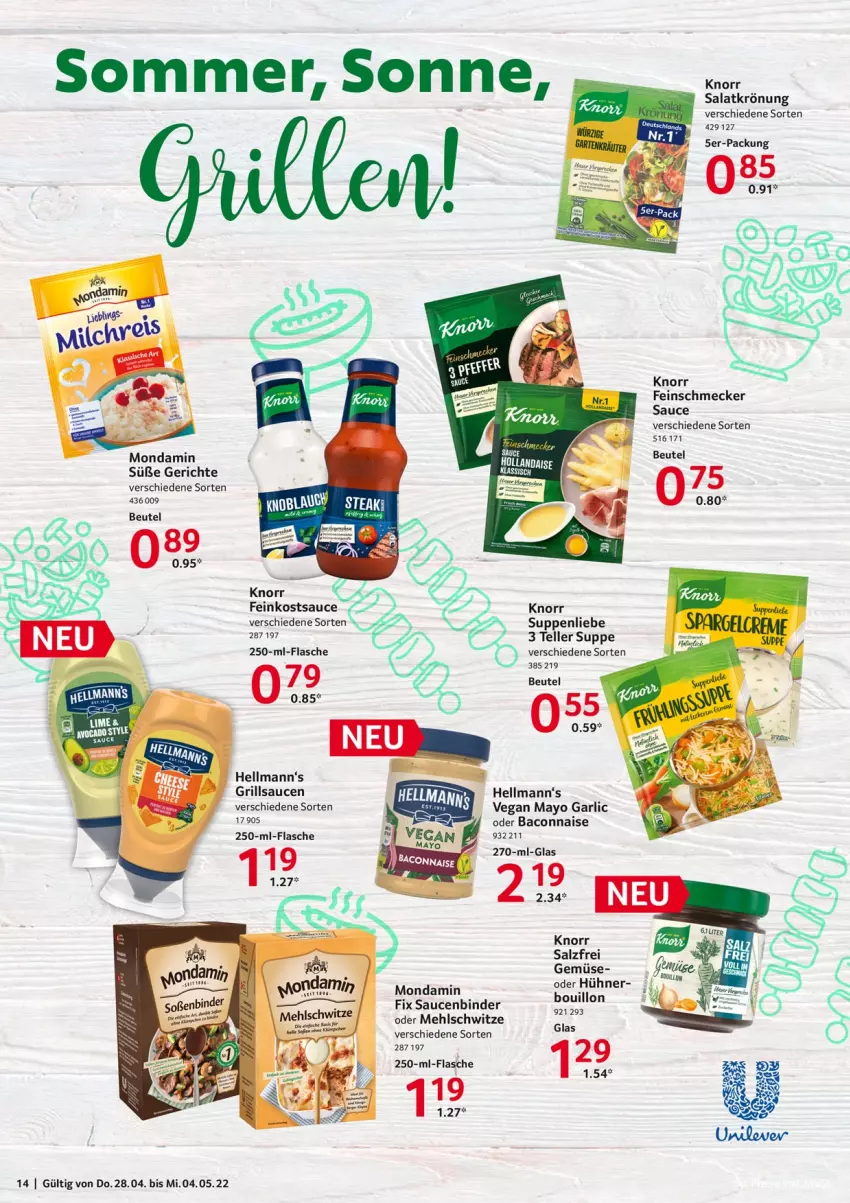 Aktueller Prospekt Selgros - Food - von 28.04 bis 04.05.2022 - strona 14 - produkty: bacon, beutel, elle, feinkost, feinschmecker, flasche, grill, grillsauce, hühner, knorr, mehl, mondamin, salat, salatkrönung, salz, sauce, saucen, suppe, suppen, suppenliebe, teller, Ti, Yo