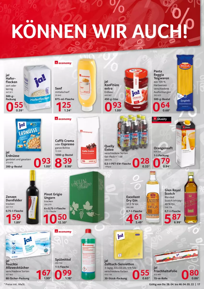 Aktueller Prospekt Selgros - Food - von 28.04 bis 04.05.2022 - strona 17 - produkty: Allzwecktücher, beutel, bohne, dry gin, eis, elle, erdnüsse, espresso, flasche, frischhaltefolie, gin, hafer, hartweizen, konfitüre, oder espresso, orange, orangen, orangensaft, pasta, Pinot, pinot grigio, reis, saft, salz, scotch, scotch whisky, senf, Serviette, servietten, spülmittel, teigwaren, Ti, tuc, tücher, weck, whisky