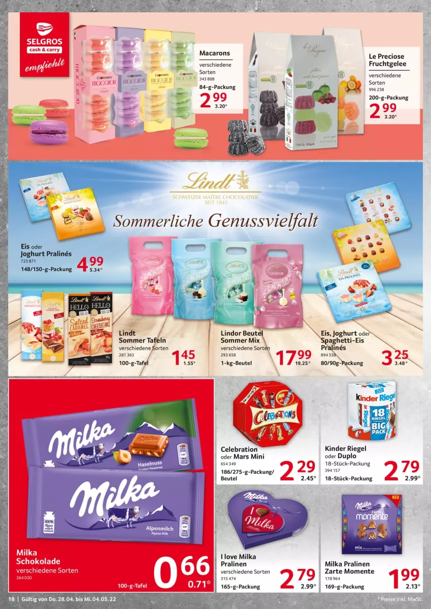 Aktueller Prospekt Selgros - Food - von 28.04 bis 04.05.2022 - strona 18 - produkty: beutel, duplo, eis, ente, frucht, gelee, joghur, joghurt, Kinder, kinder riegel, LG, lindor, mac, Macarons, mars, milka, milka schokolade, nero, pralinen, riegel, schoko, schokolade, Ti