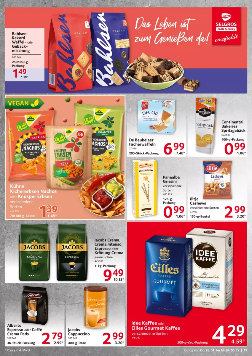 Aktueller Prospekt Selgros - Food - von 28.04 bis 04.05.2022 - strona 19 - produkty: bahlsen, beutel, bier, bohne, caffe, Cap, cappuccino, Cashew, cin, crema pads, darbo, darboven, de beukelaer, decor, espresso, espresso oder, grissini, intenso, jacobs, Jacobs Crema, Spritzgebäck, Ti, ültje, waffeln