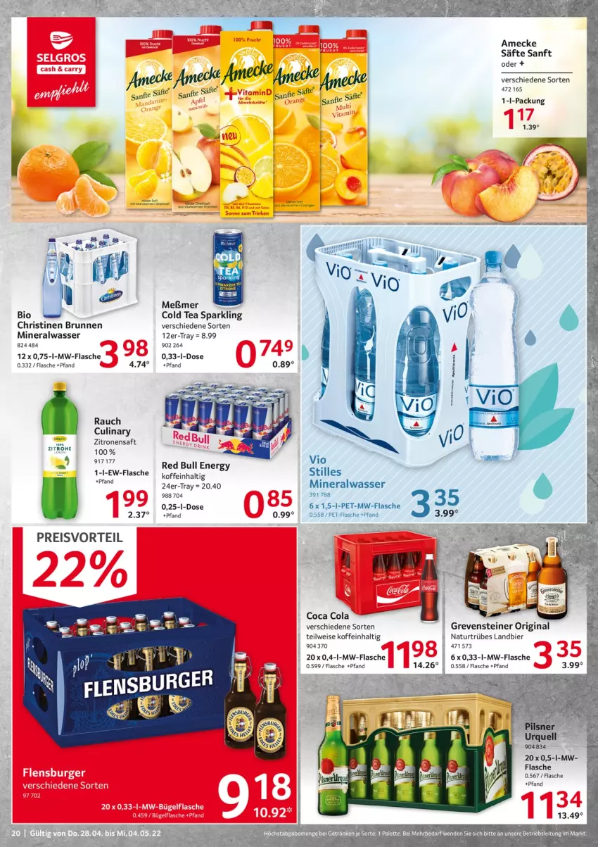 Aktueller Prospekt Selgros - Food - von 28.04 bis 04.05.2022 - strona 20 - produkty: Alwa, amecke, bier, bio, brunnen, cola, eis, ente, flasche, gin, grevensteiner, Meßmer, mineralwasser, mw-flasche, natur, pet-flasche, preisvorteil, Rauch, red bull, reis, saft, säfte, steiner, tee, Ti, wasser, zitrone, zitronen, zitronensaft