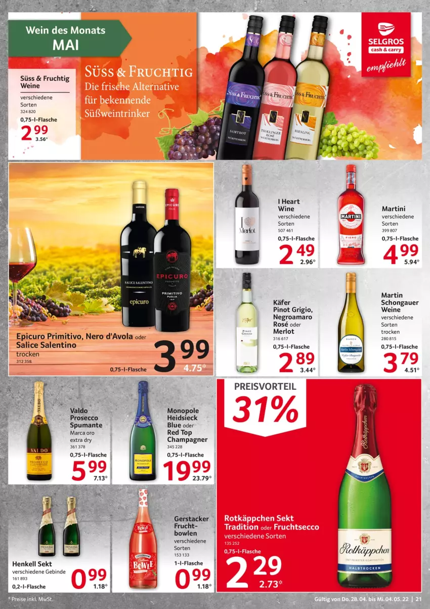 Aktueller Prospekt Selgros - Food - von 28.04 bis 04.05.2022 - strona 21 - produkty: amaro, auer, bowle, champagne, champagner, ecco, eis, flasche, frucht, henkel, henkell, henkell sekt, käfer, martini, nero, Pinot, pinot grigio, preisvorteil, primitivo, prosecco, puma, reis, sekt, spumante, Ti, wein, weine