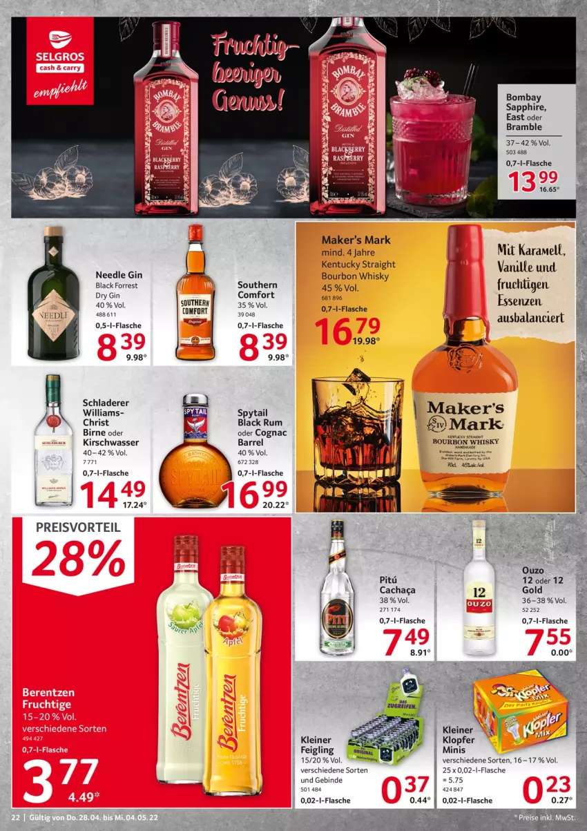 Aktueller Prospekt Selgros - Food - von 28.04 bis 04.05.2022 - strona 22 - produkty: bombay sapphire, bourbon, Cognac, dry gin, eis, flasche, gin, kentucky straight, kirsch, kleiner klopfer, lack, leine, ouzo, preisvorteil, reis, rel, rum, sapphire, Schladerer, Ti, tuc, wasser, whisky