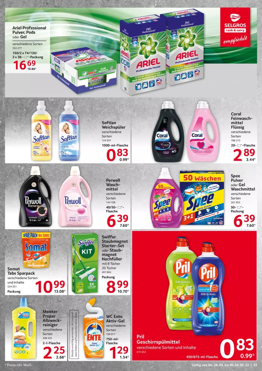 Aktueller Prospekt Selgros - Food - von 28.04 bis 04.05.2022 - strona 23 - produkty: aktiv gel, ariel, Coral, eis, ente, flasche, perwoll, Pods, reiniger, reis, rel, Softlan, spee, staubmagnet, swiffer, Ti, tücher, waschmittel, weck, weichspüler