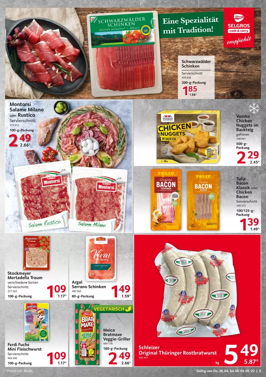 Aktueller Prospekt Selgros - Food - von 28.04 bis 04.05.2022 - strona 5 - produkty: axe, bacon, bratmaxe, dell, eis, ferdi fuchs, fleisch, fleischwurst, grill, meica, montorsi, mortadella, schinken, schwarzwälder schinken, serrano, serrano schinken, stockmeyer, tee, Ti, veggie, wurst