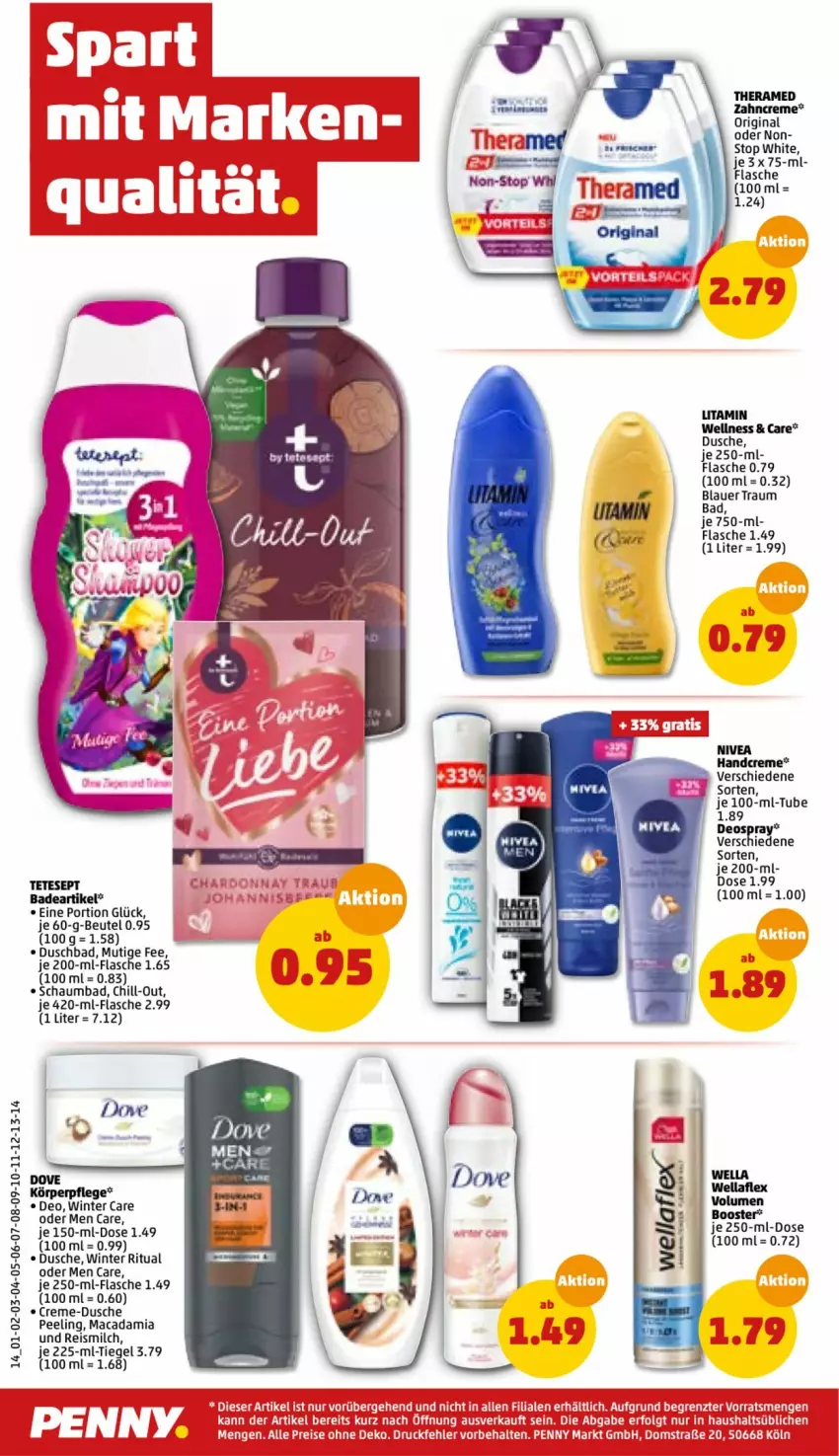 Aktueller Prospekt Penny - Prospekte - von 14.02 bis 19.02.2022 - strona 14 - produkty: auer, Bad, beutel, creme, deo, dove, duschbad, dusche, eis, flasche, gin, handcreme, körperpflege, mac, macadamia, milch, nivea, Peeling, reis, schaumbad, theramed, Ti, Wella, zahncreme, ZTE